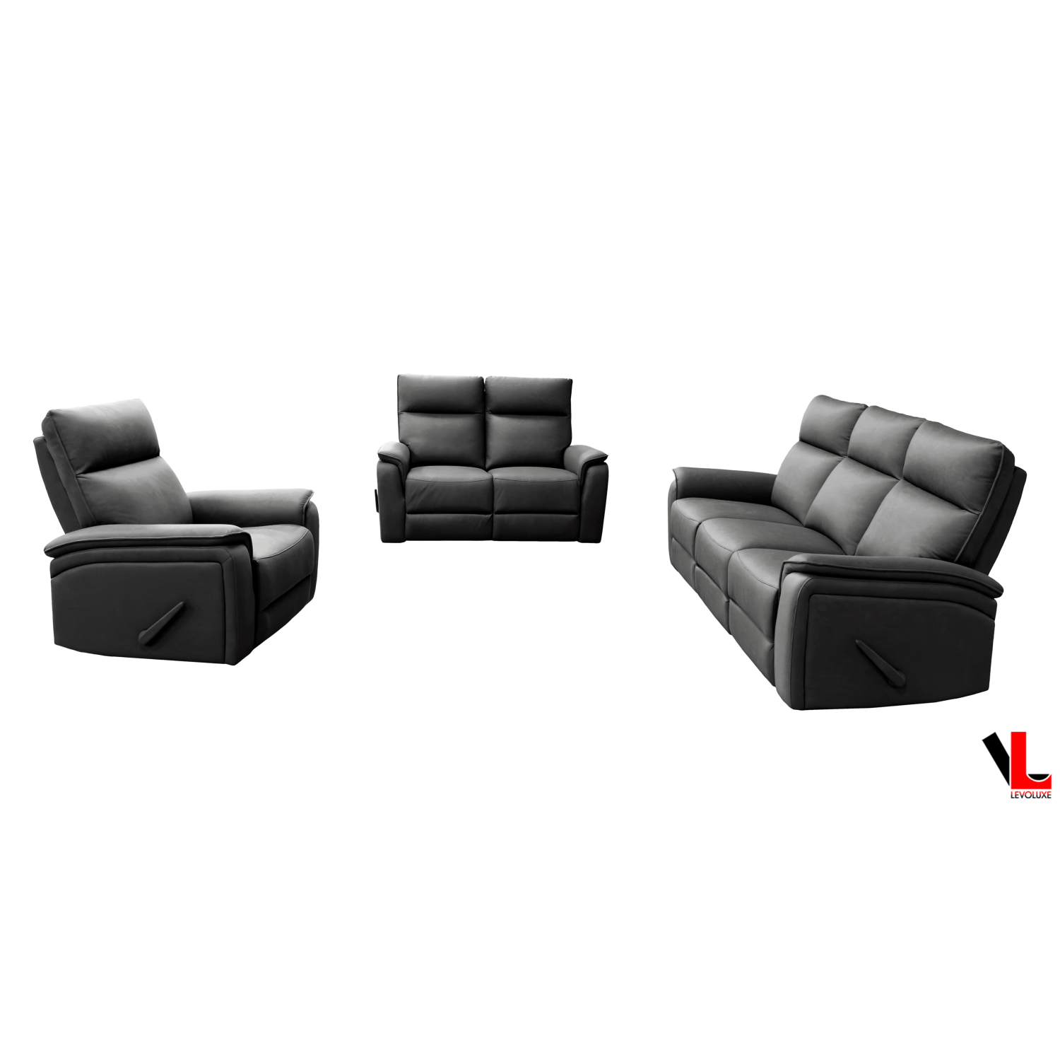 Levoluxe Sereno 3 Piece Reclining Sofa, Loveseat and Rocker Chair in Jaxxon Smoke