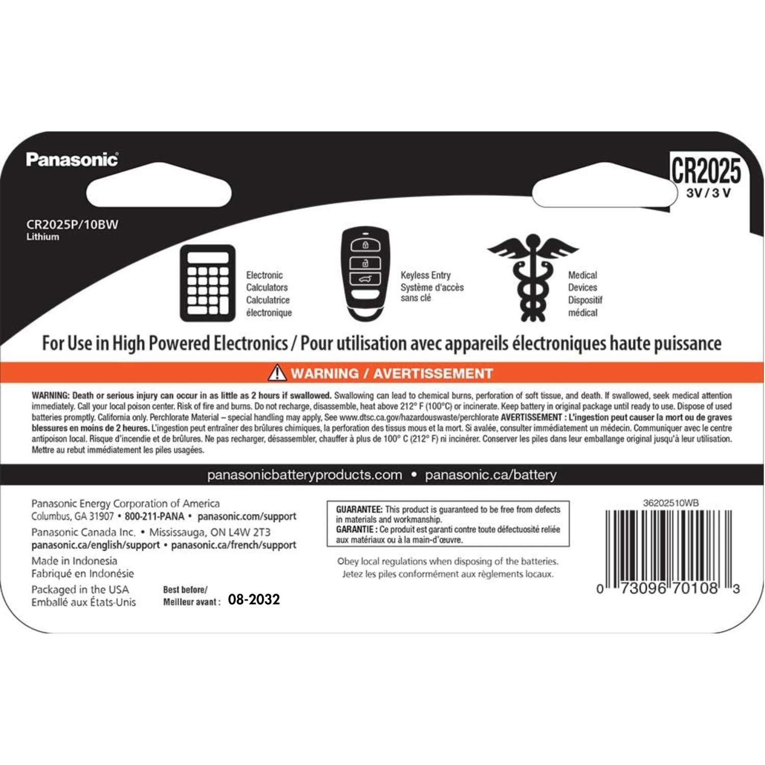 Pile au lithium CR2025-10 de Panasonic