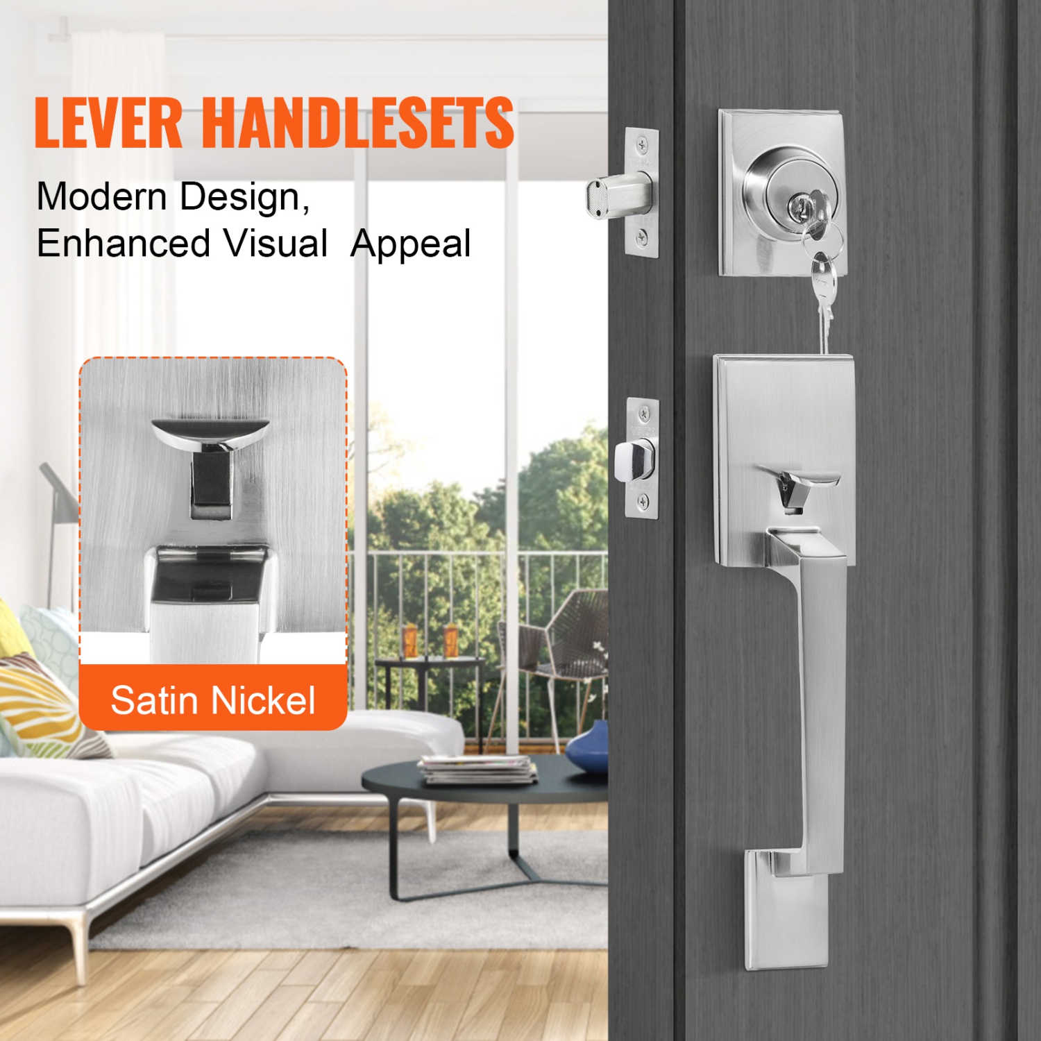 VEVOR Front Door Handle and Deadbolt Set, Square Entry Handle Set with Lever, Single Cylinder, Adjustable Hole Space, Reversible for Right and Left