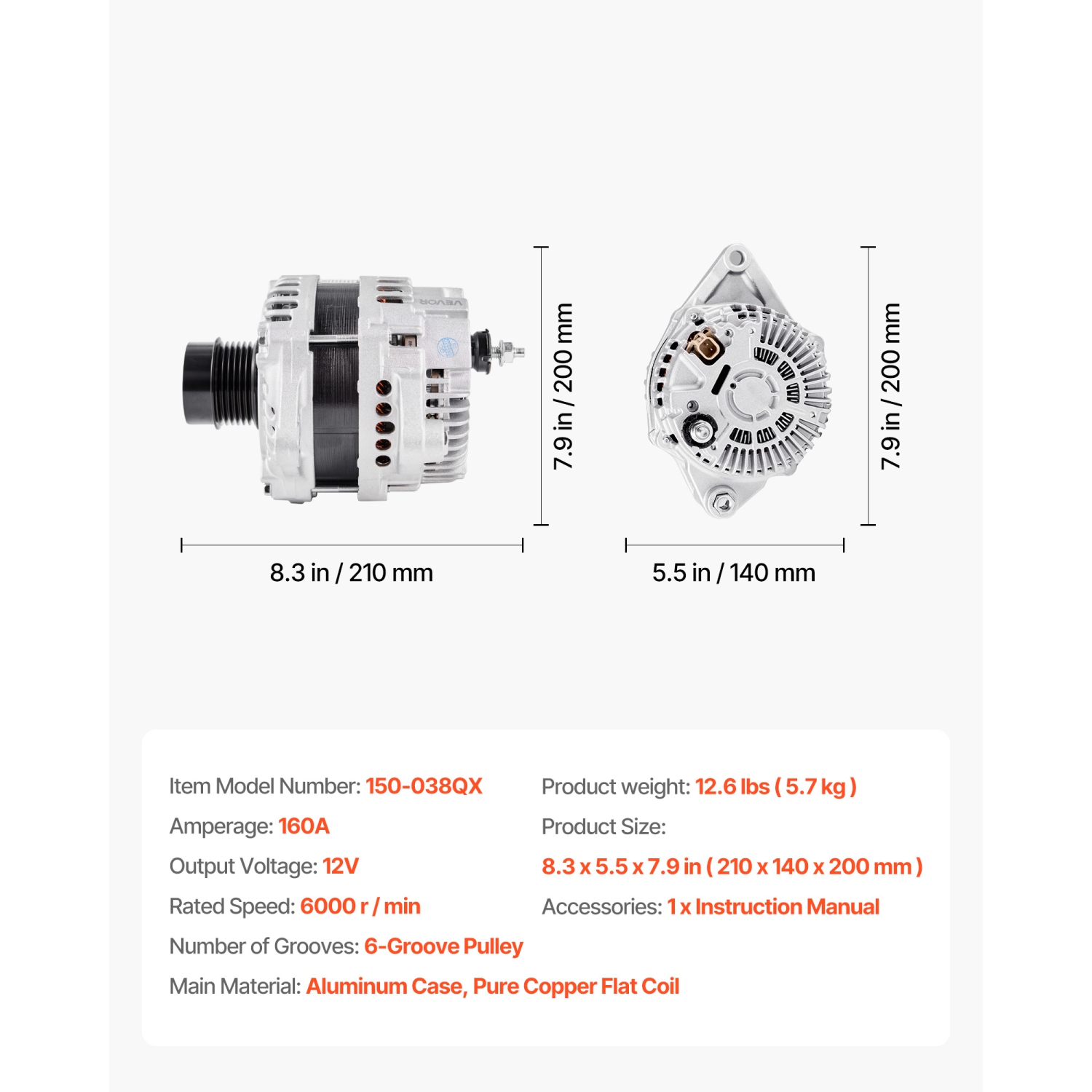 VEVOR 11440 Car Alternator,Fit for Dodge Journey SE Value 2.4L 2020,SXT 2.4L 2012-2018,Crossroad 2016-2020,L4 2009-2020,Replacement Alternator