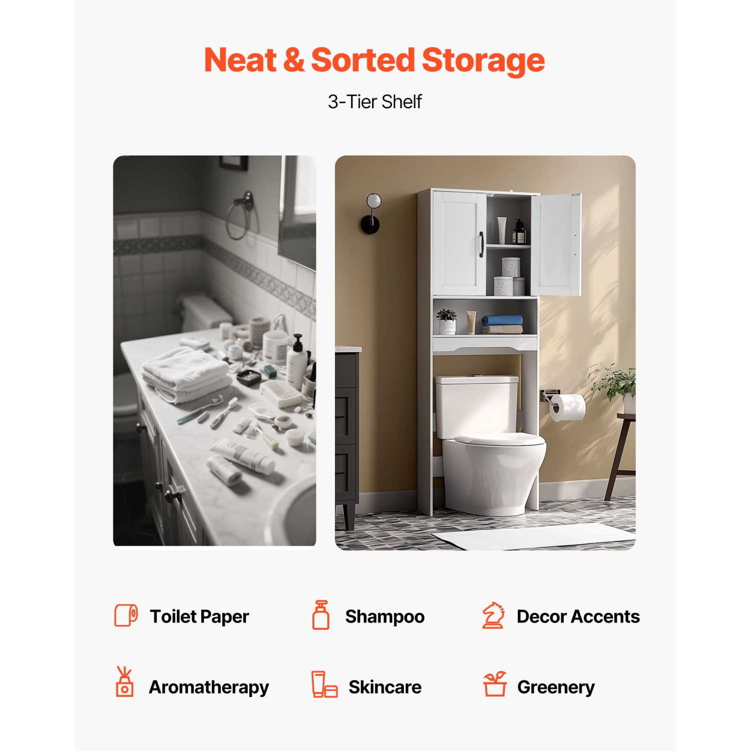 VEVOR 65 in Height Over The Toilet Storage Cabinet, Bathroom Storage Organizer with Double Door and Adjustable Shelf, Bathroom Space Saver Organizer