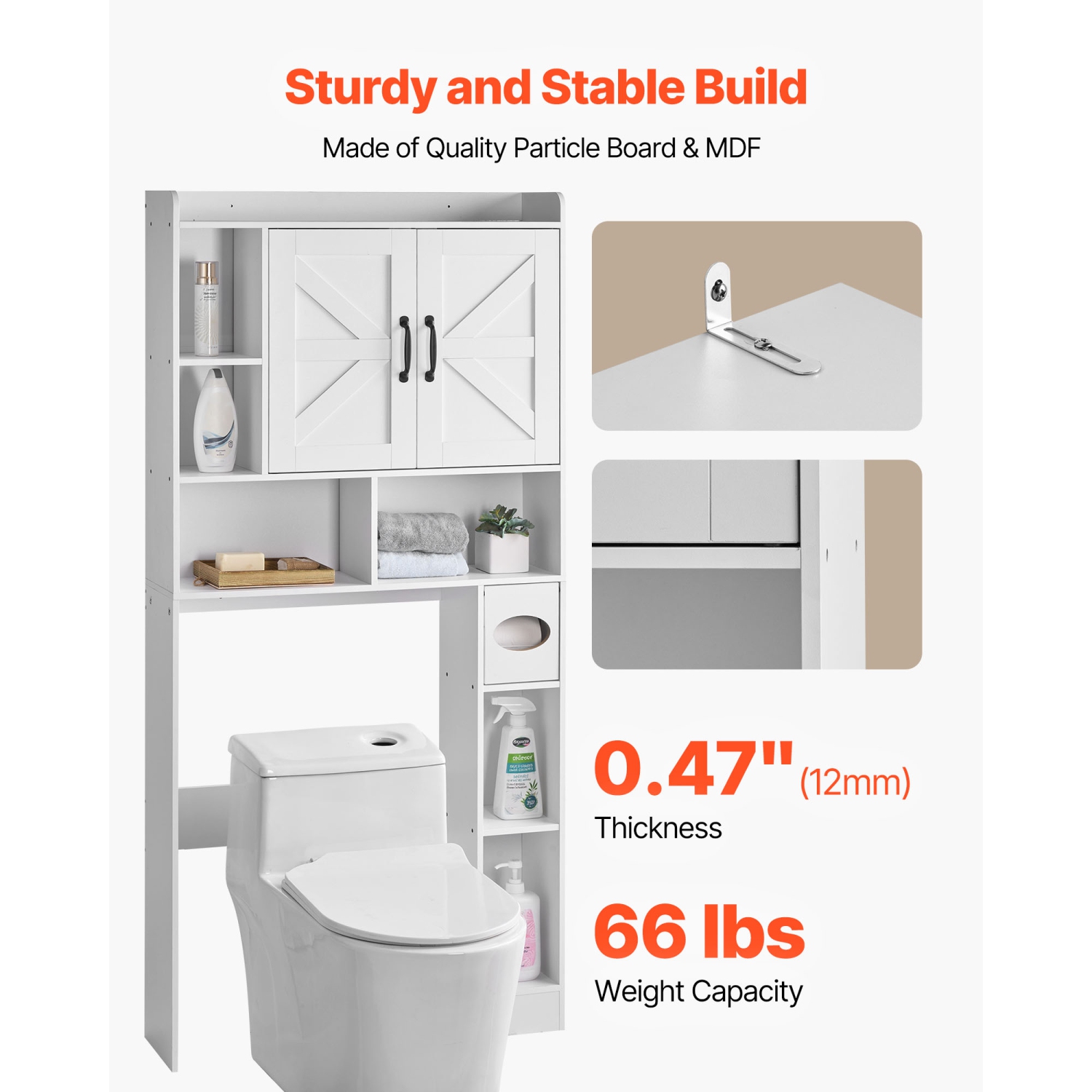 VEVOR 66.14 in Height Over The Toilet Storage Cabinet, Bathroom Storage Organizer with Double Door and Adjustable Shelf, Bathroom Space Saver