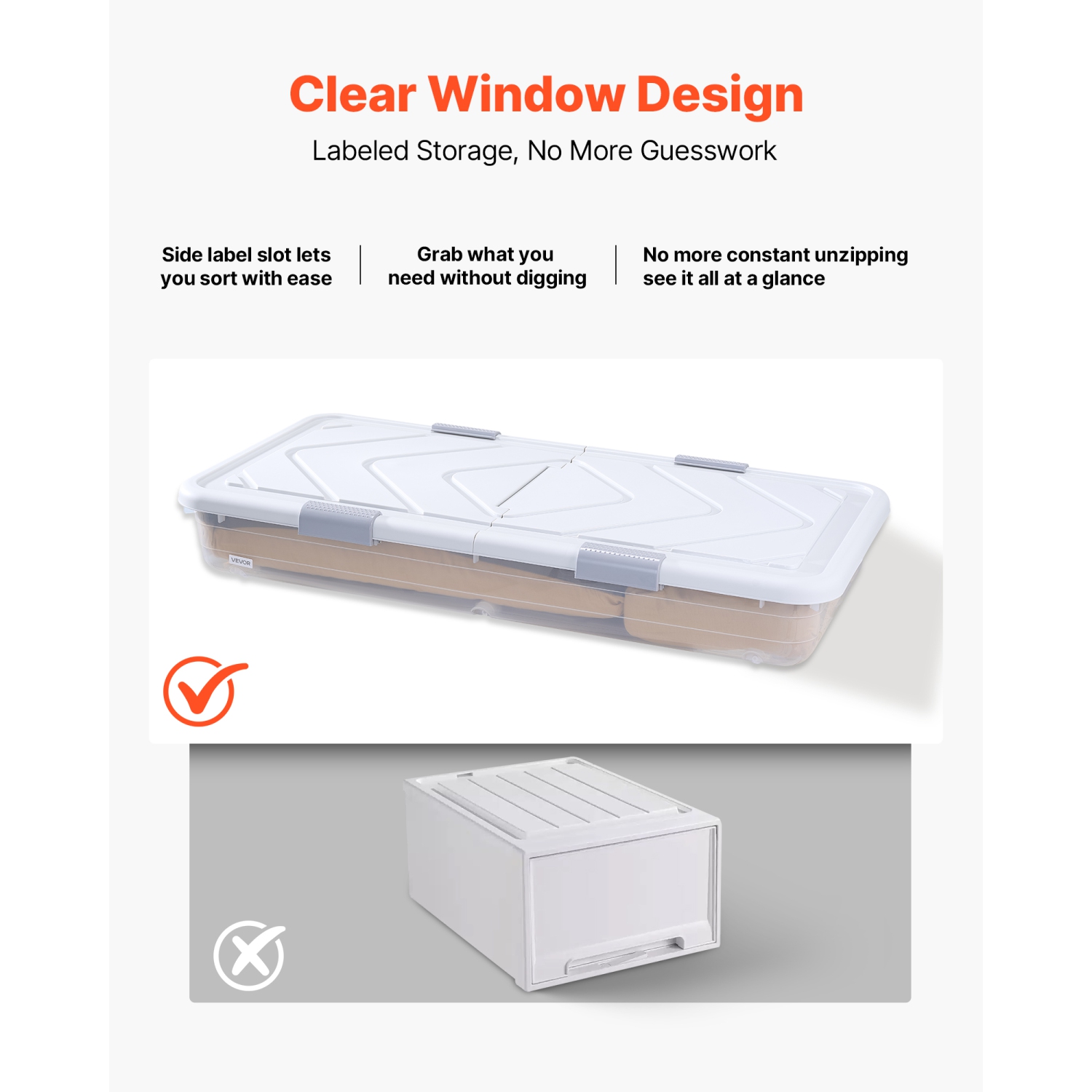 VEVOR 39.8 x 20.1 x 5.9 inch Under Bed Storage with Wheels, Underbed Shoes Organizer with Lid & Gray Latch, Rolling Under the Bed Storage Bins for