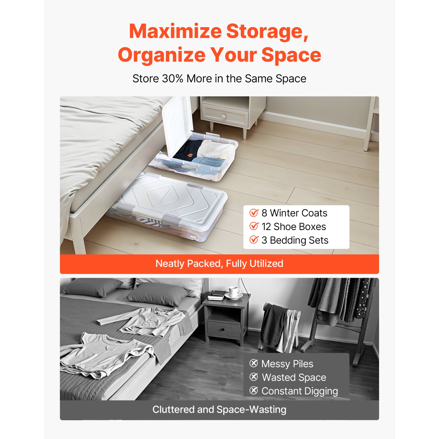 VEVOR 39.8 x 20.1 x 5.9 inch Under Bed Storage with Wheels, Underbed Shoes Organizer with Lid & Gray Latch, Rolling Under the Bed Storage Bins for