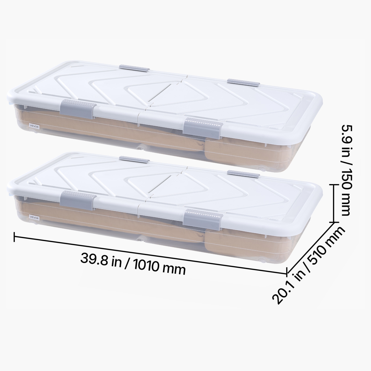 VEVOR 39.8 x 20.1 x 5.9 inch Under Bed Storage with Wheels, Underbed Shoes Organizer with Lid & Gray Latch, Rolling Under the Bed Storage Bins for