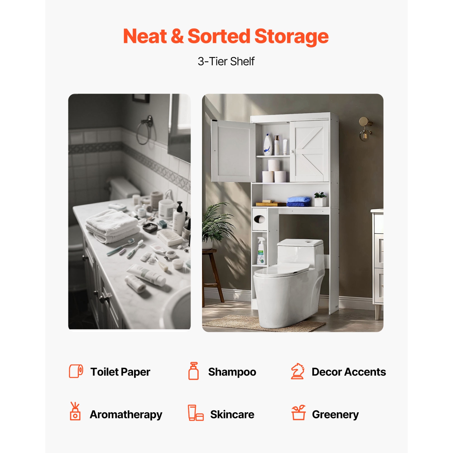 VEVOR 67.44 in Height Over The Toilet Storage Cabinet, Bathroom Storage Organizer with Double Door and Adjustable Shelf, Bathroom Space Saver