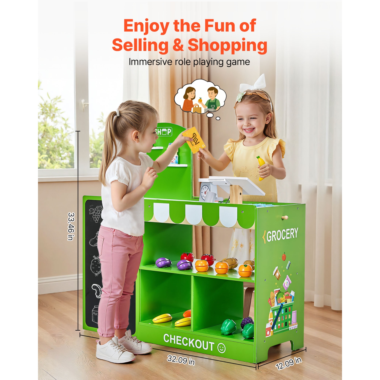 VEVOR Kids Grocery Store Playset, Wooden Play Market Stand with Shopping Bag, Kids Supermarket Pretend Play Store with Conveyor Belt, Scanner, Cash