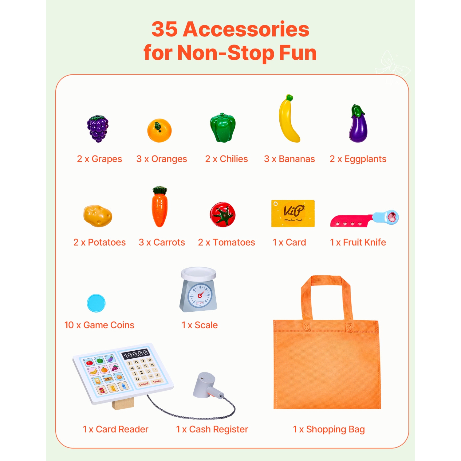 VEVOR Kids Grocery Store Playset, Wooden Play Market Stand with Shopping Bag, Kids Supermarket Pretend Play Store with Conveyor Belt, Scanner, Cash