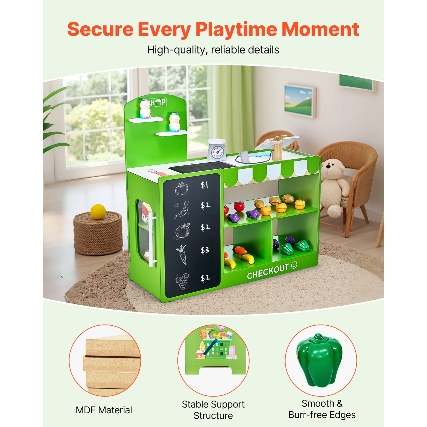 VEVOR Kids Grocery Store Playset, Wooden Play Market Stand with Shopping Bag, Kids Supermarket Pretend Play Store with Conveyor Belt, Scanner, Cash