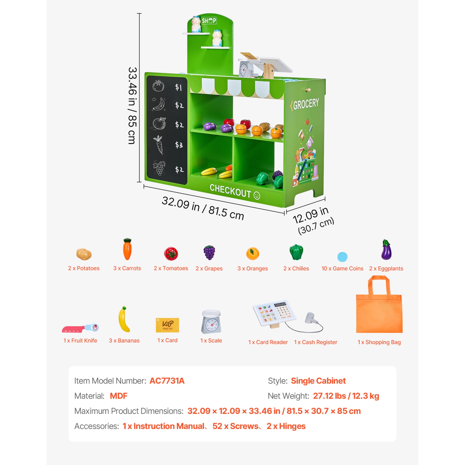 VEVOR Kids Grocery Store Playset, Wooden Play Market Stand with Shopping Bag, Kids Supermarket Pretend Play Store with Conveyor Belt, Scanner, Cash