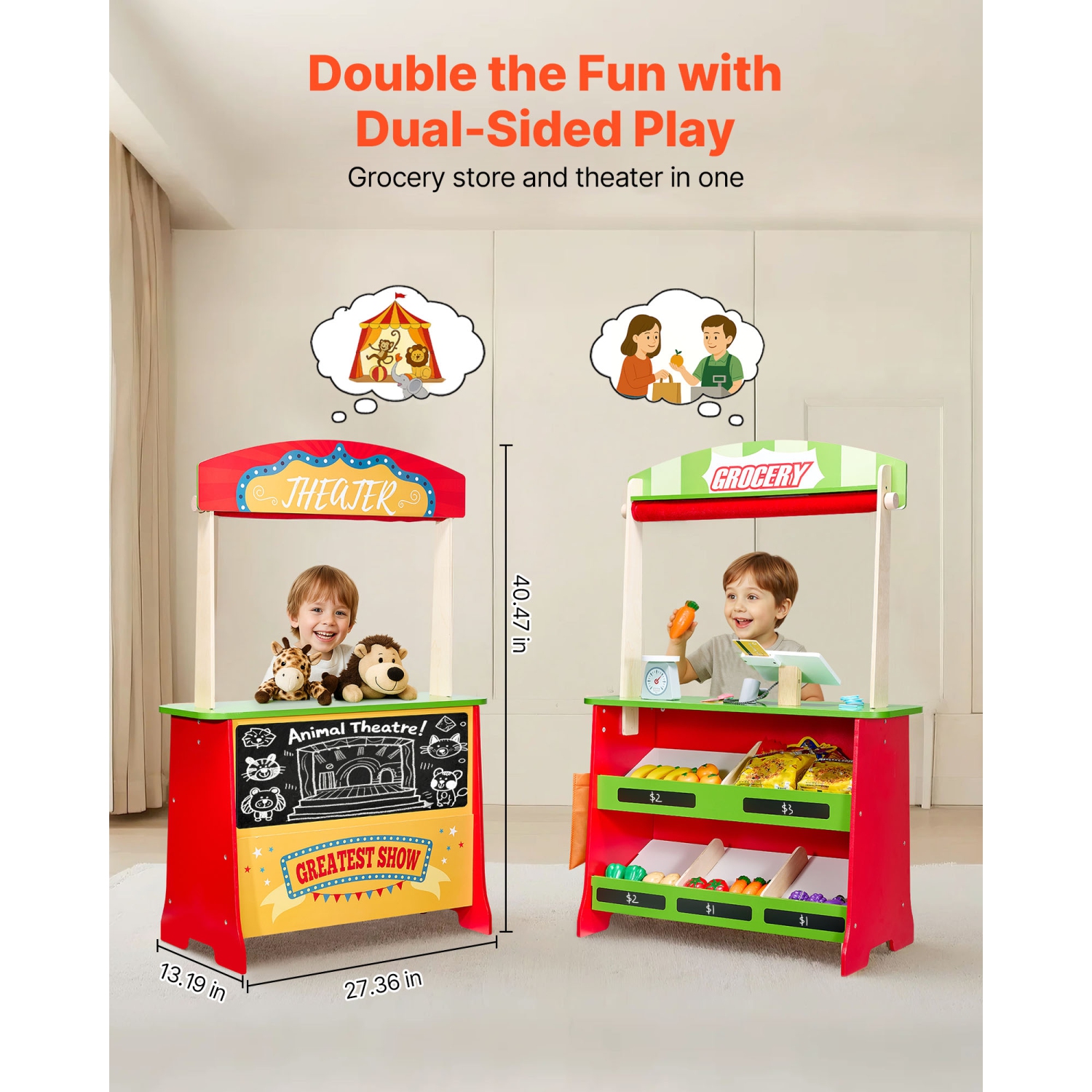 VEVOR 2-in-1 Wooden Puppet Theater with Curtains, Reversible Play Store, Double-Sided Grocery Store Playset with Chalkboard & Cash Register, Kids