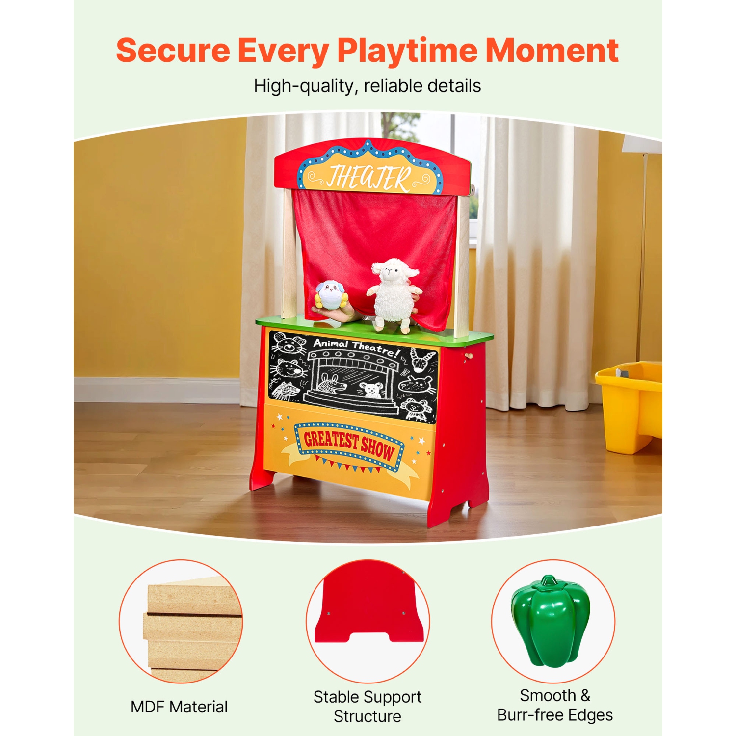 VEVOR 2-in-1 Wooden Puppet Theater with Curtains, Reversible Play Store, Double-Sided Grocery Store Playset with Chalkboard & Cash Register, Kids