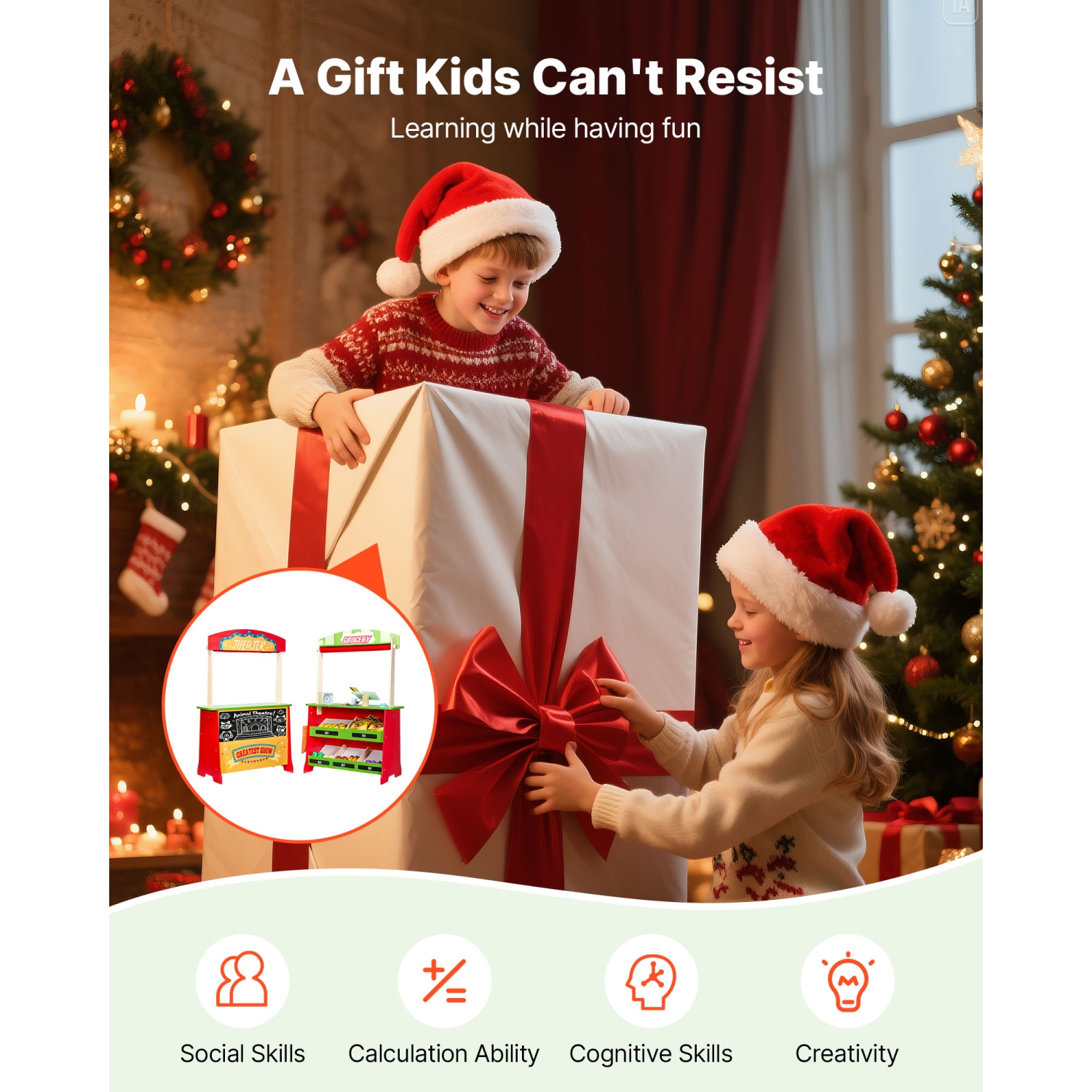 VEVOR 2-in-1 Wooden Puppet Theater with Curtains, Reversible Play Store, Double-Sided Grocery Store Playset with Chalkboard & Cash Register, Kids