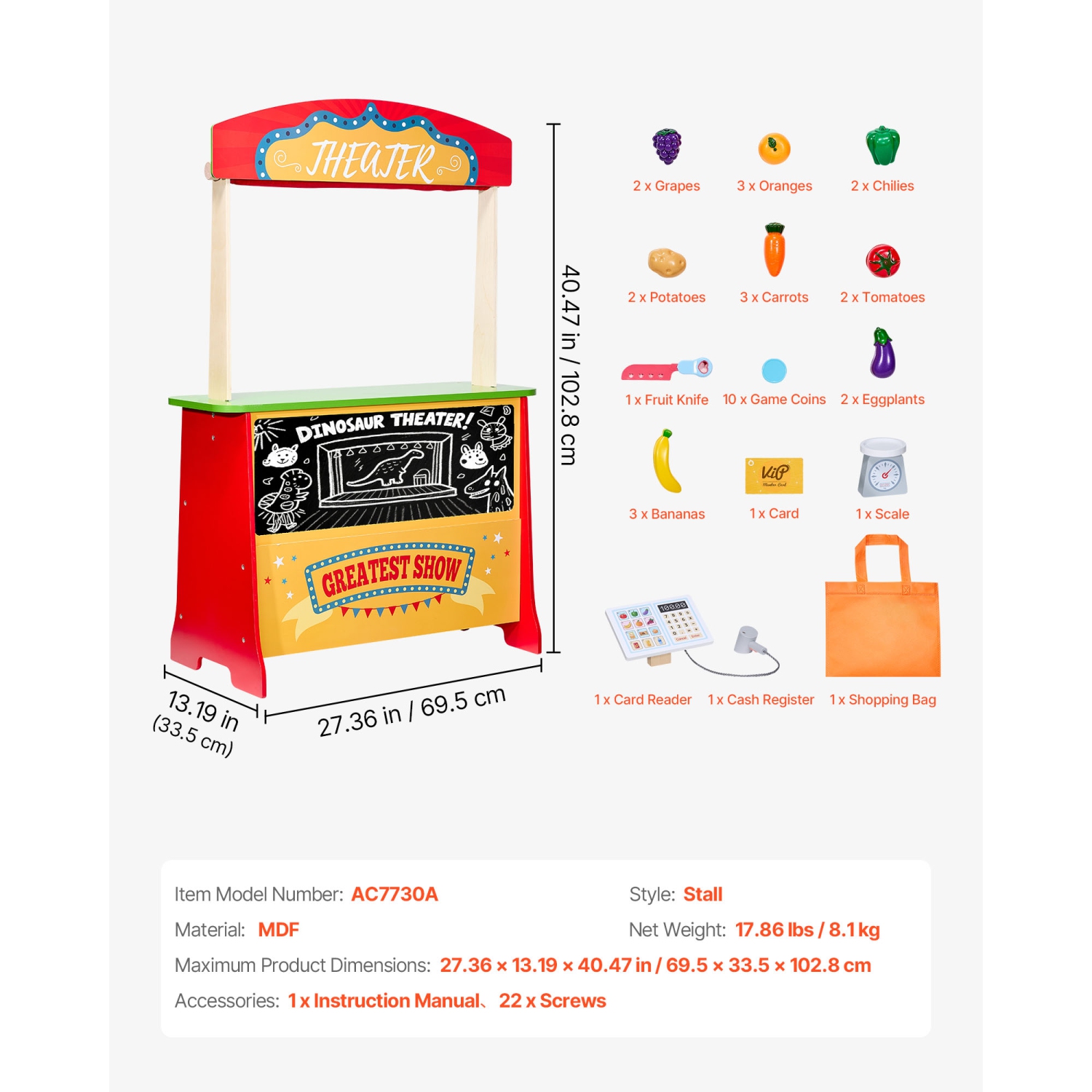 VEVOR 2-in-1 Wooden Puppet Theater with Curtains, Reversible Play Store, Double-Sided Grocery Store Playset with Chalkboard & Cash Register, Kids