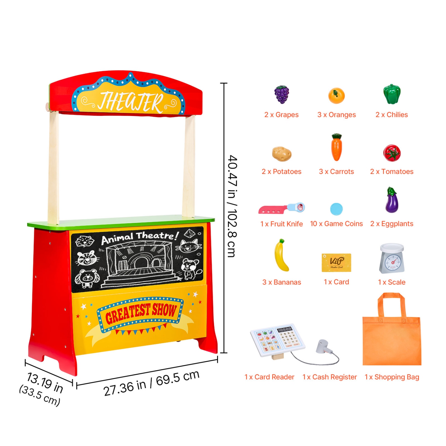 VEVOR 2-in-1 Wooden Puppet Theater with Curtains, Reversible Play Store, Double-Sided Grocery Store Playset with Chalkboard & Cash Register, Kids