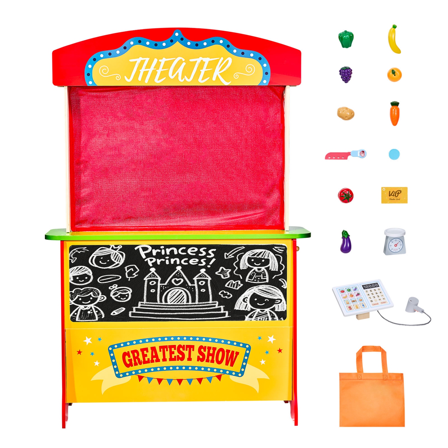 VEVOR 2-in-1 Wooden Puppet Theater with Curtains, Reversible Play Store, Double-Sided Grocery Store Playset with Chalkboard & Cash Register, Kids