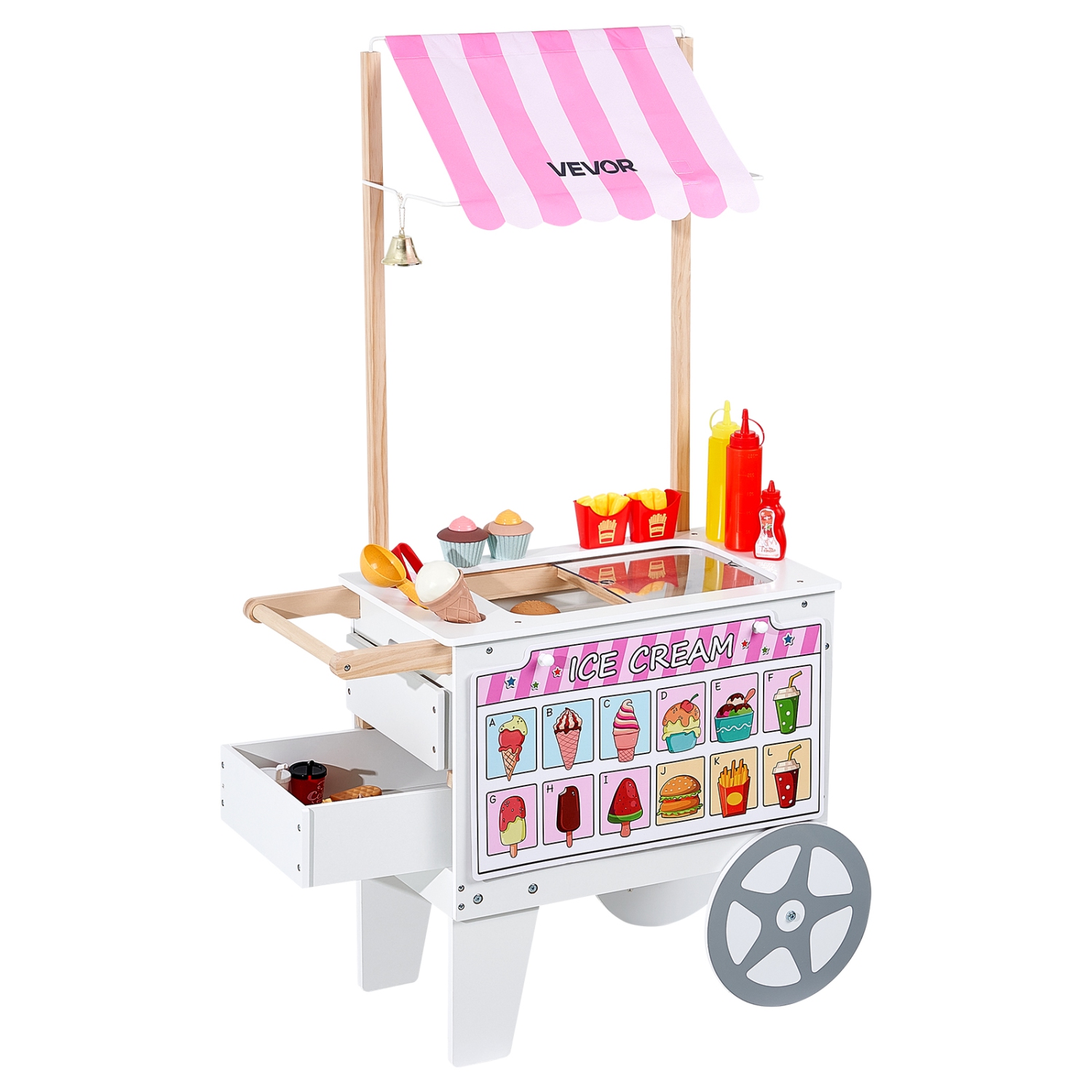 VEVOR 20+ PCS Ice Cream Cart for Kids, Pretend Play Ice Cream Shop Kitchen Food Toys with Ice Cream Cone & Popsicle, Awning & Freezer, Storage