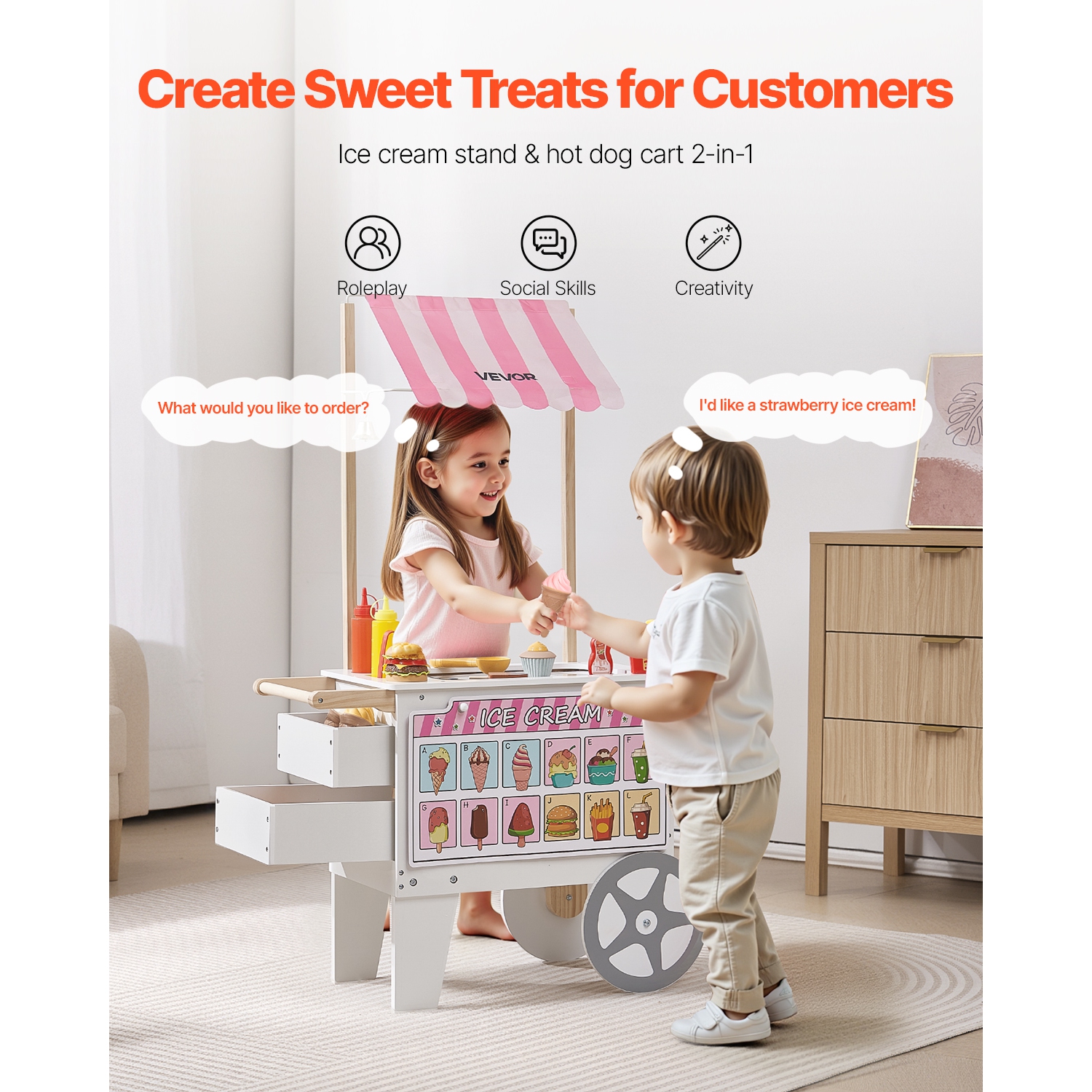 VEVOR 20+ PCS Ice Cream Cart for Kids, Pretend Play Ice Cream Shop Kitchen Food Toys with Ice Cream Cone & Popsicle, Awning & Freezer, Storage