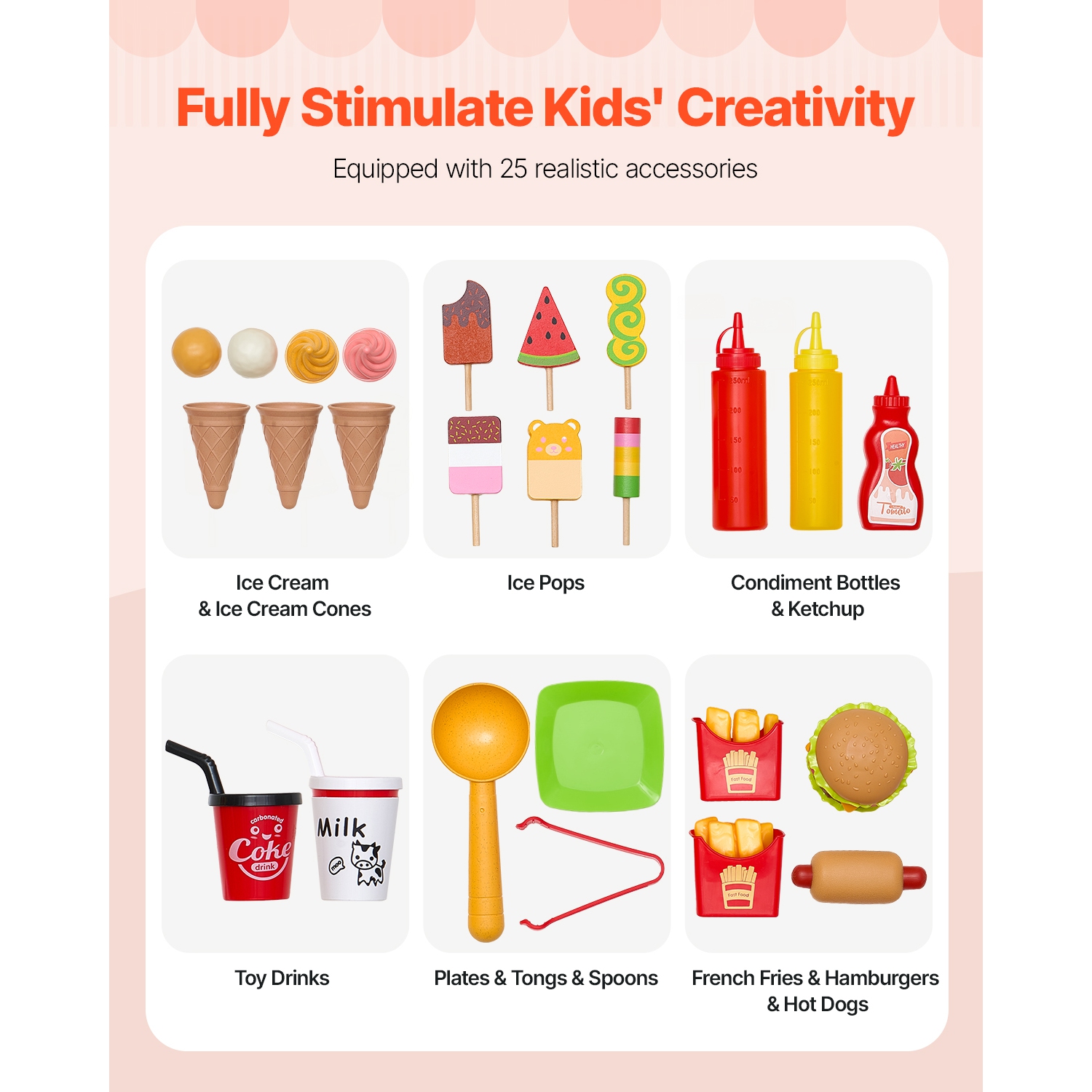 VEVOR 20+ PCS Ice Cream Cart for Kids, Pretend Play Ice Cream Shop Kitchen Food Toys with Ice Cream Cone & Popsicle, Awning & Freezer, Storage