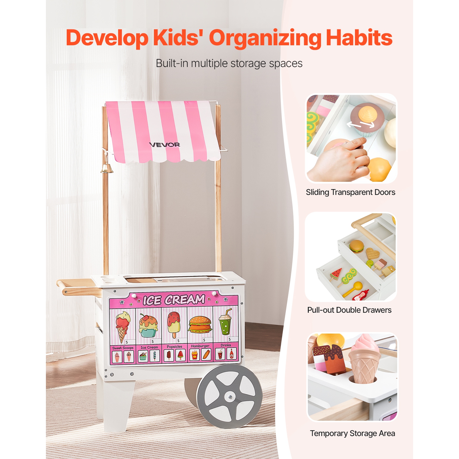 VEVOR 20+ PCS Ice Cream Cart for Kids, Pretend Play Ice Cream Shop Kitchen Food Toys with Ice Cream Cone & Popsicle, Awning & Freezer, Storage