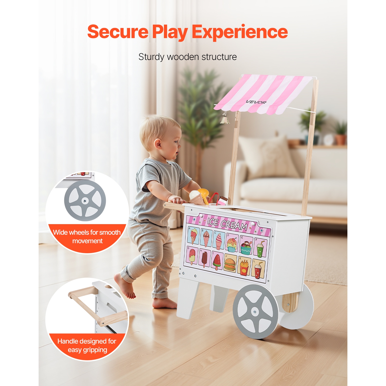 VEVOR 20+ PCS Ice Cream Cart for Kids, Pretend Play Ice Cream Shop Kitchen Food Toys with Ice Cream Cone & Popsicle, Awning & Freezer, Storage
