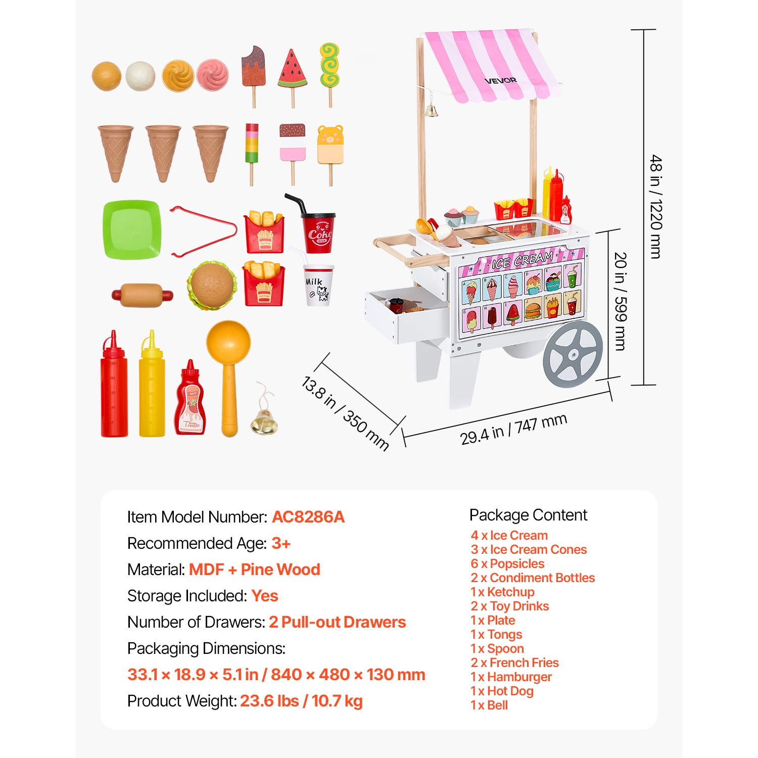 VEVOR 20+ PCS Ice Cream Cart for Kids, Pretend Play Ice Cream Shop Kitchen Food Toys with Ice Cream Cone & Popsicle, Awning & Freezer, Storage
