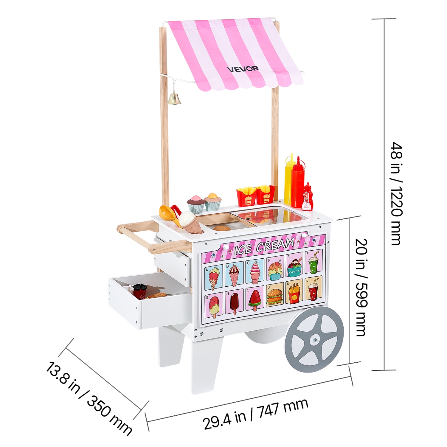 VEVOR 20+ PCS Ice Cream Cart for Kids, Pretend Play Ice Cream Shop Kitchen Food Toys with Ice Cream Cone & Popsicle, Awning & Freezer, Storage