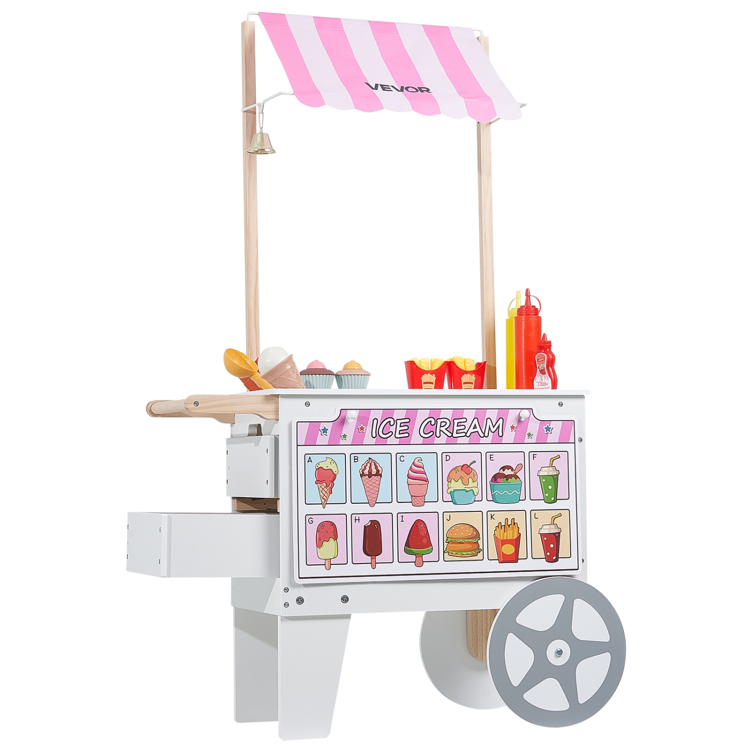 VEVOR 20+ PCS Ice Cream Cart for Kids, Pretend Play Ice Cream Shop Kitchen Food Toys with Ice Cream Cone & Popsicle, Awning & Freezer, Storage