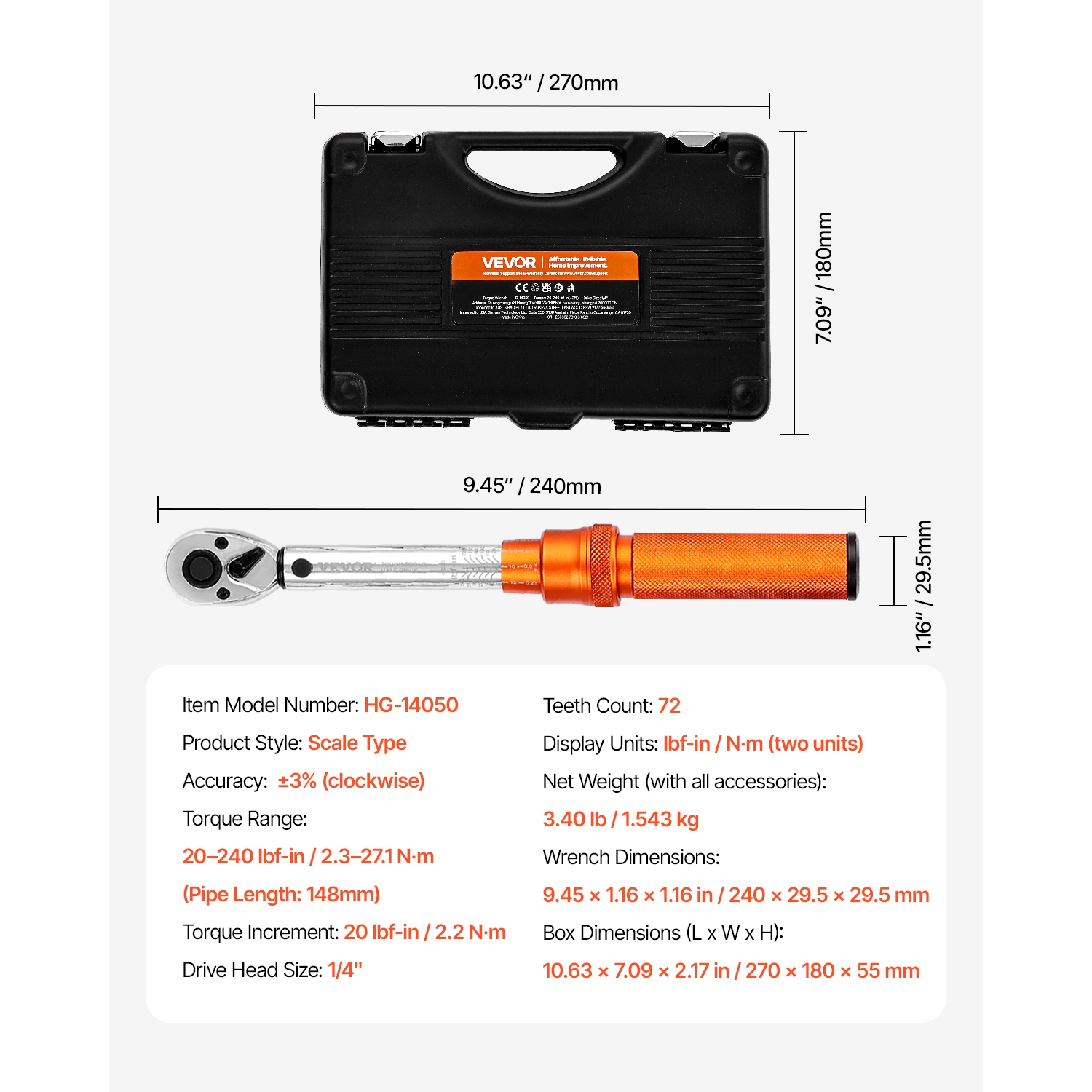 VEVOR 72-Tooth Click Torque Wrench Set, 1/4Inch Drive, 20-240 lbf-in / 2.3-27.1N.m, Dual-direction and Dual Range Scales, ±3% High Precision, with