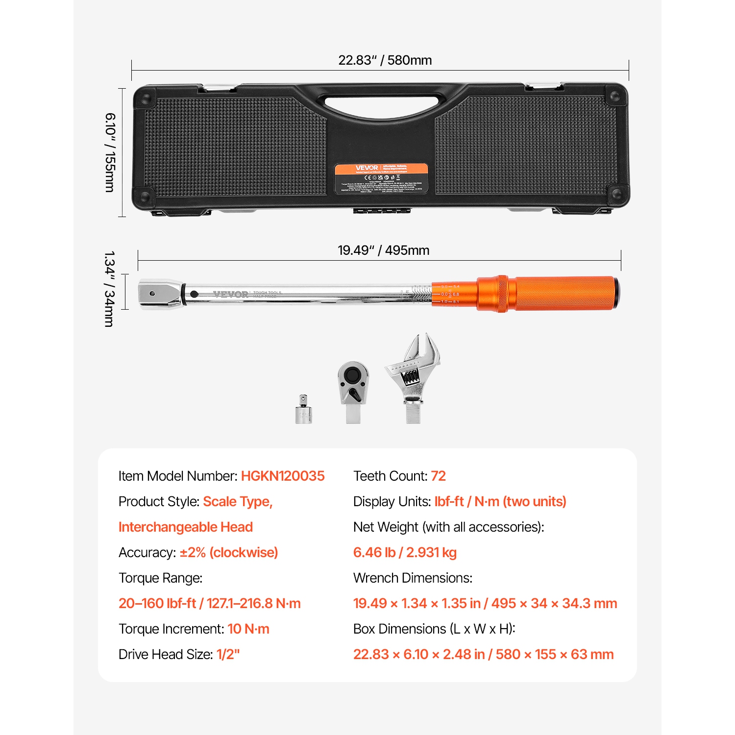 Clé dynamométrique réglable à 72 dents VEVOR, entraînement 1/2, 20-160&nbsp;lbf-ft/27,1-216,8 N.m, échelles bidirection et double gamme, ±2 % de