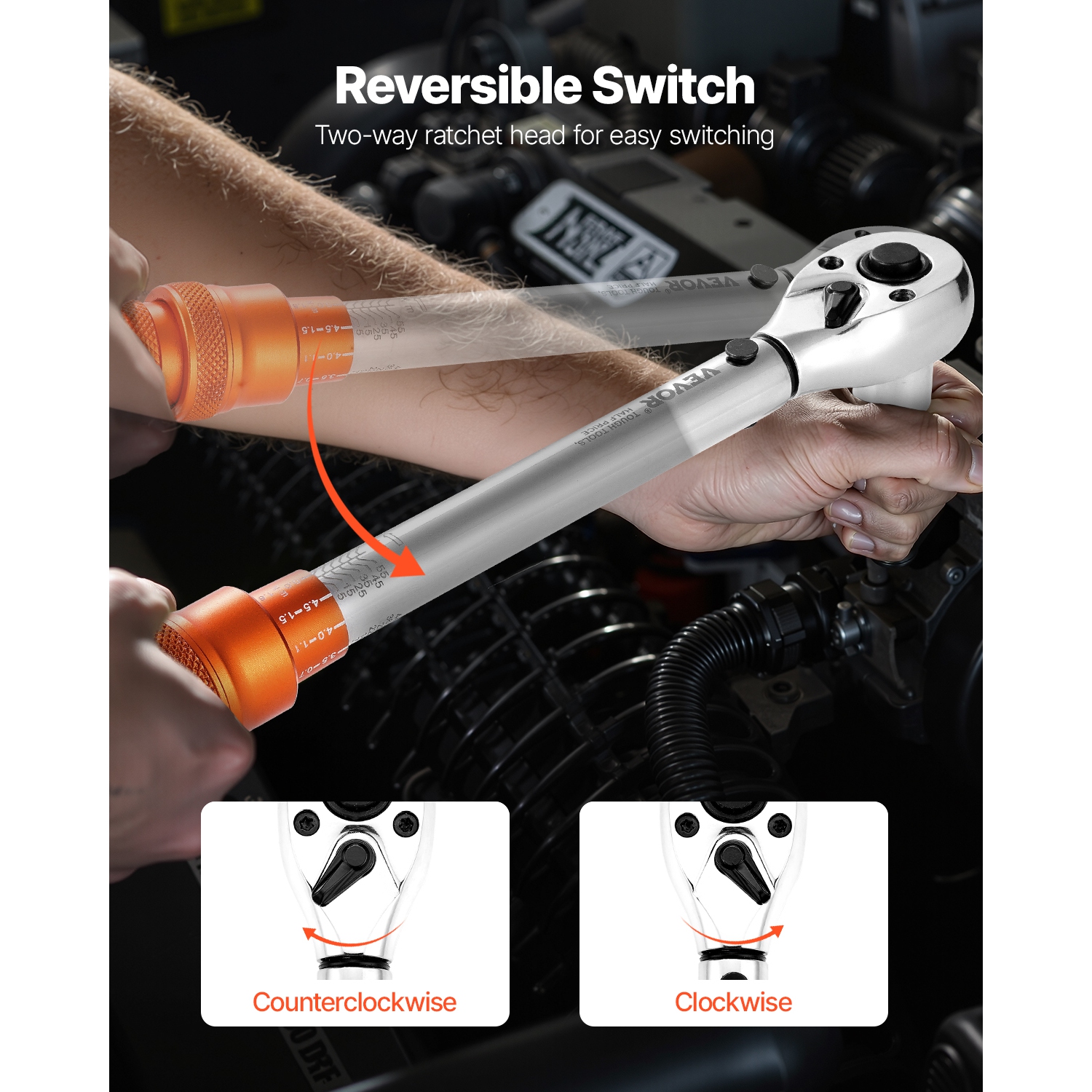 VEVOR 72-Tooth Click Torque Wrench Set, 3/8 Inch Drive, 5-60 N.m / 3.7-44.3 lbf.ft, Dual-direction, ±3% High Precision, with Sockets, Bits, Extension