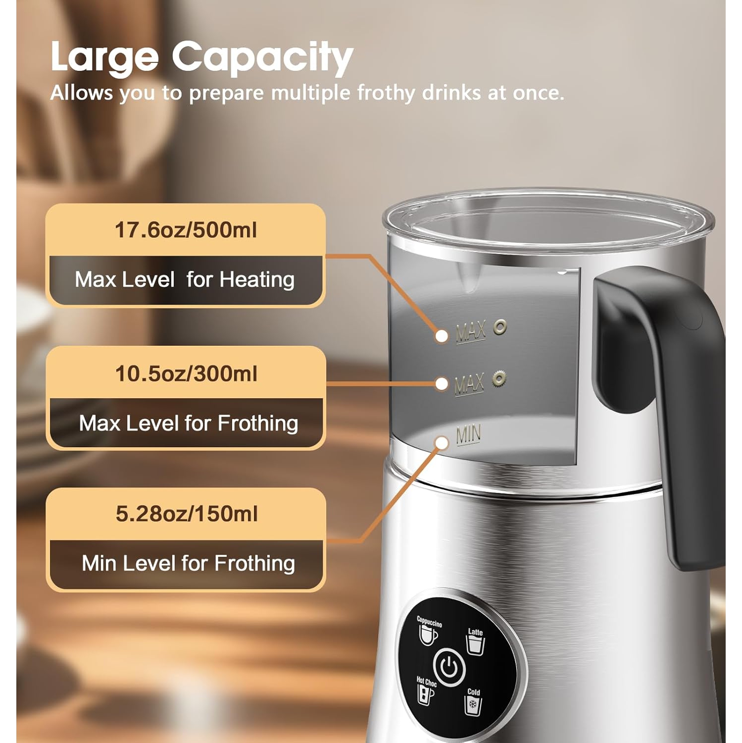 Milk Frother and Steamer,Large Capacity Detachable Electric Milk Frother,Automatic Warm & Cold Foam Maker,Hot Chocolate Maker