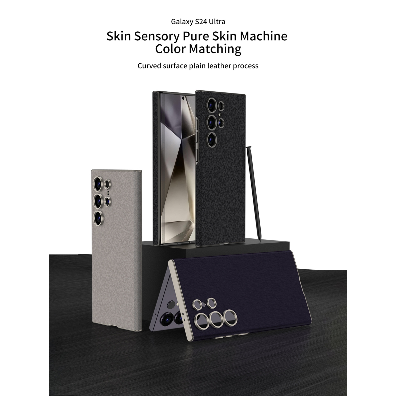 For Samsung S24Ultra: Solid Color Business Drop-Resistant Plain Leather Curved Case - Titanium Black - Titanium Ridge Green