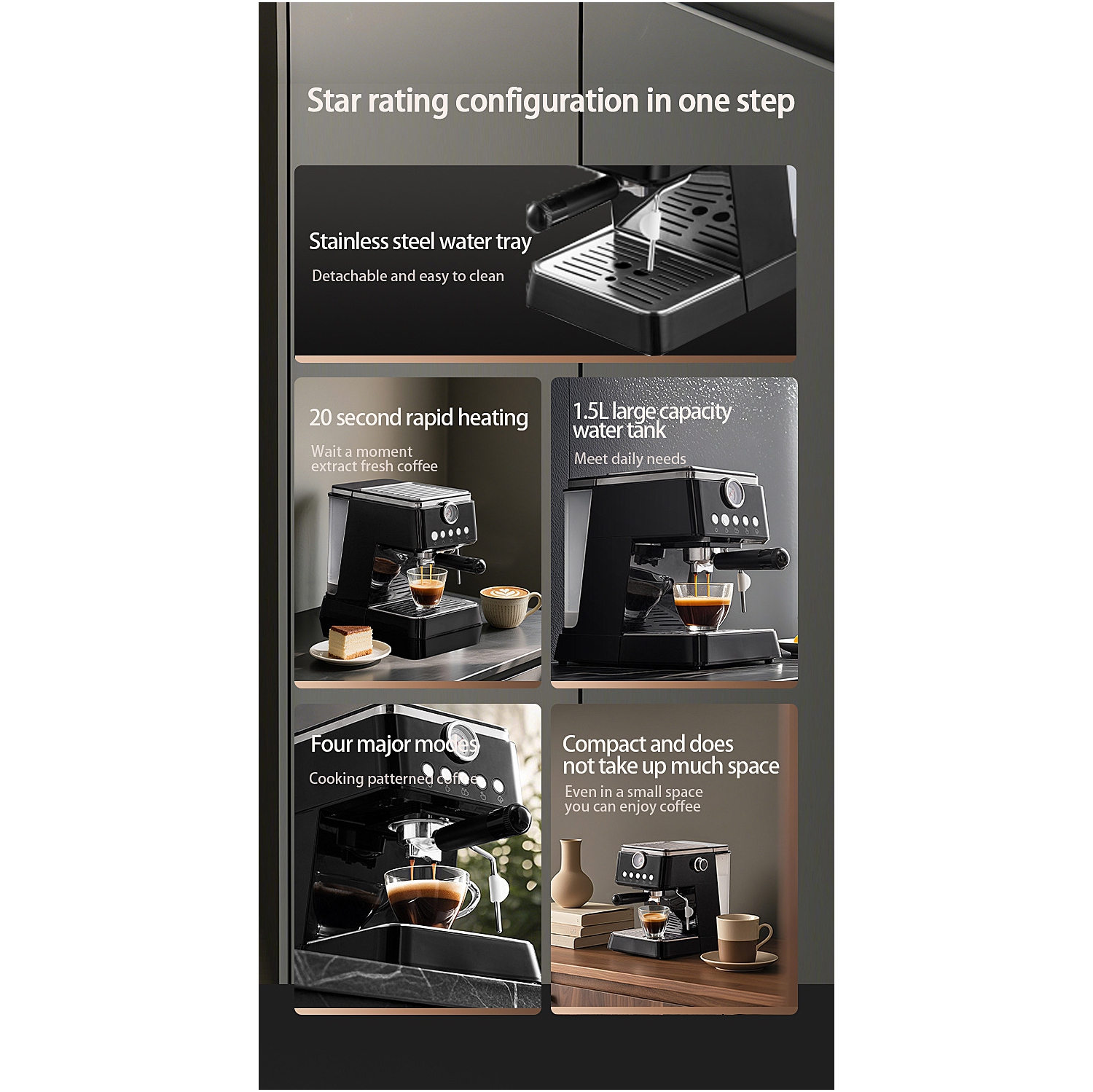 Machine à espresso multifonctionnelle | Extraction haute pression de 20 bars + moussoir à lait à vapeur, déverrouillage à une touche pour espresso et