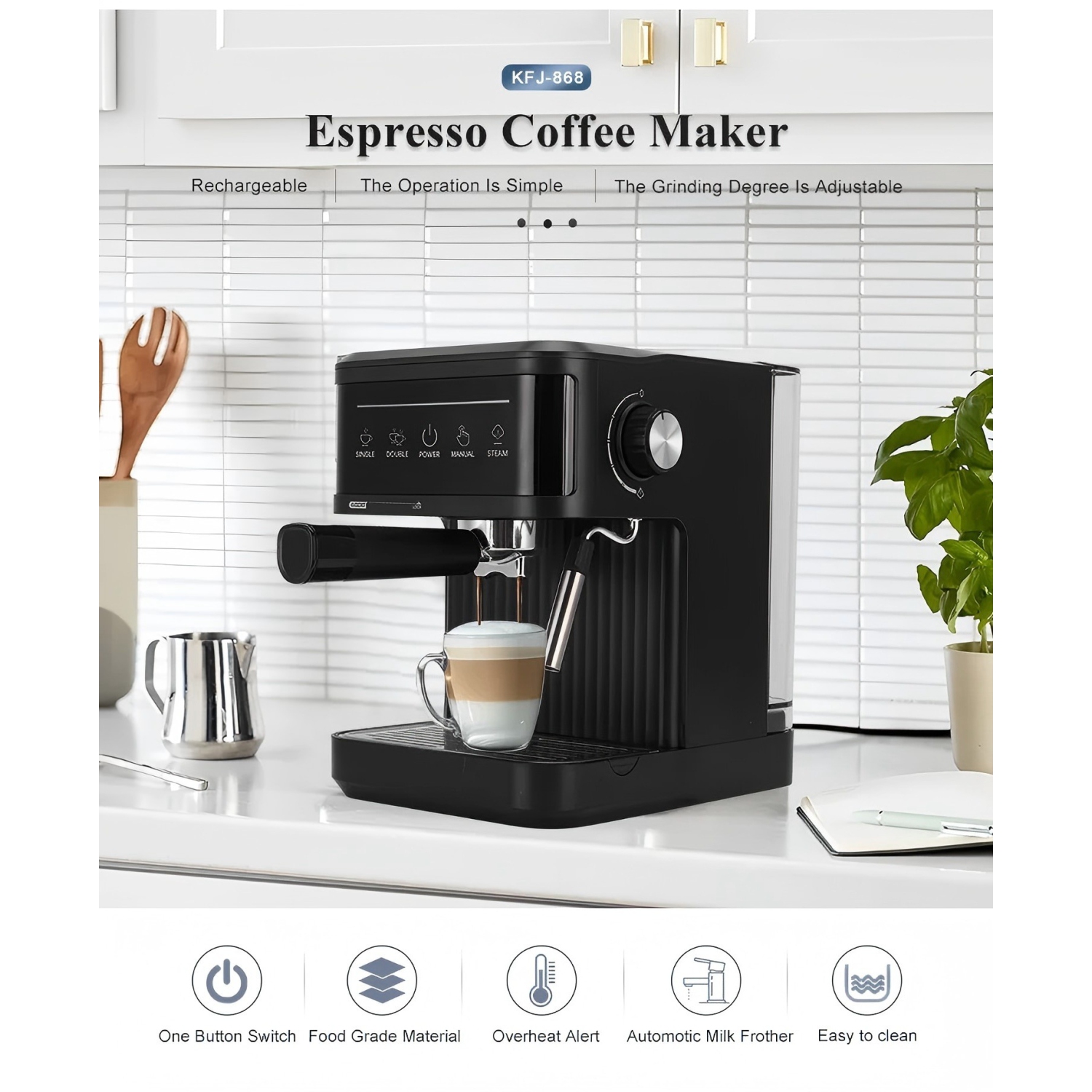 Small Semi-Automatic 20-Bar Espresso Machine for Home Use with Milk Frother and Touch Switch - 868 Black US Plug - US Standard Plug
