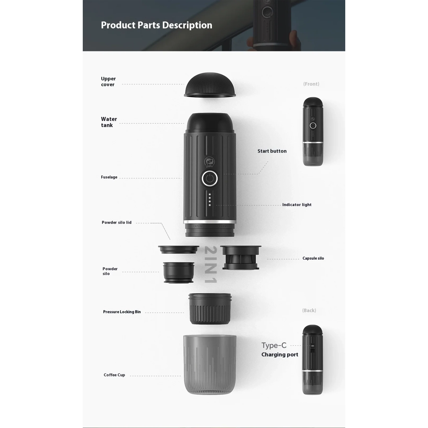 Portable espresso machine, new wireless heating electric espresso machine with rechargeable powder capsules, portable for outdoor travel and car use