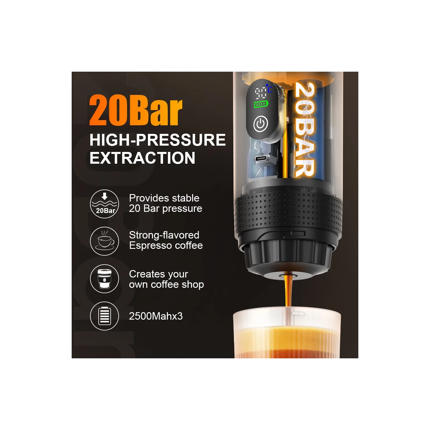 Smart Digital Display American-Style Italian Capsule Coffee Machine, Outdoor Portable Espresso Machine with LCD Display, Heating, Temperature