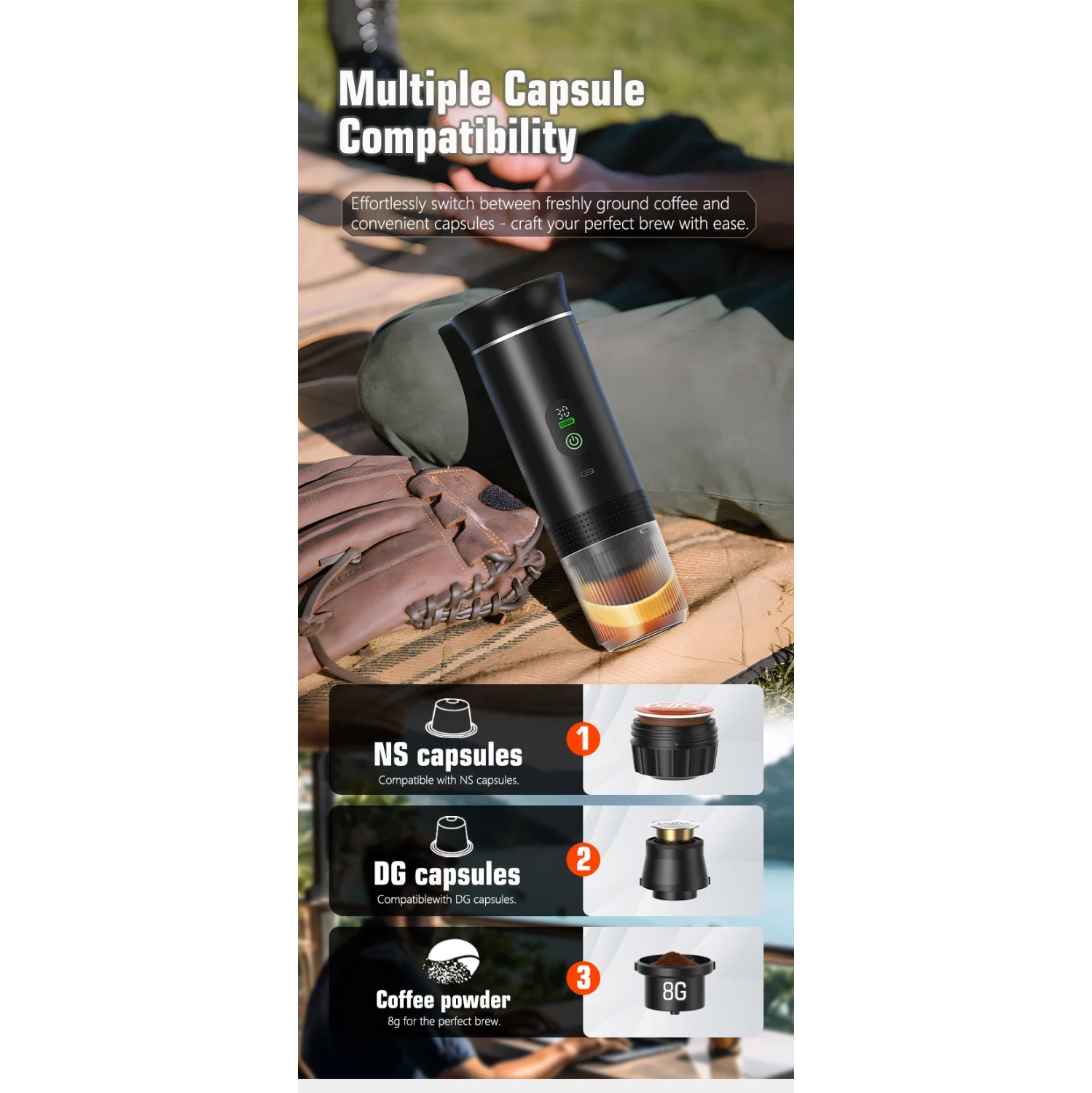 Smart Digital Display American-Style Italian Capsule Coffee Machine, Outdoor Portable Espresso Machine with LCD Display, Heating, Temperature