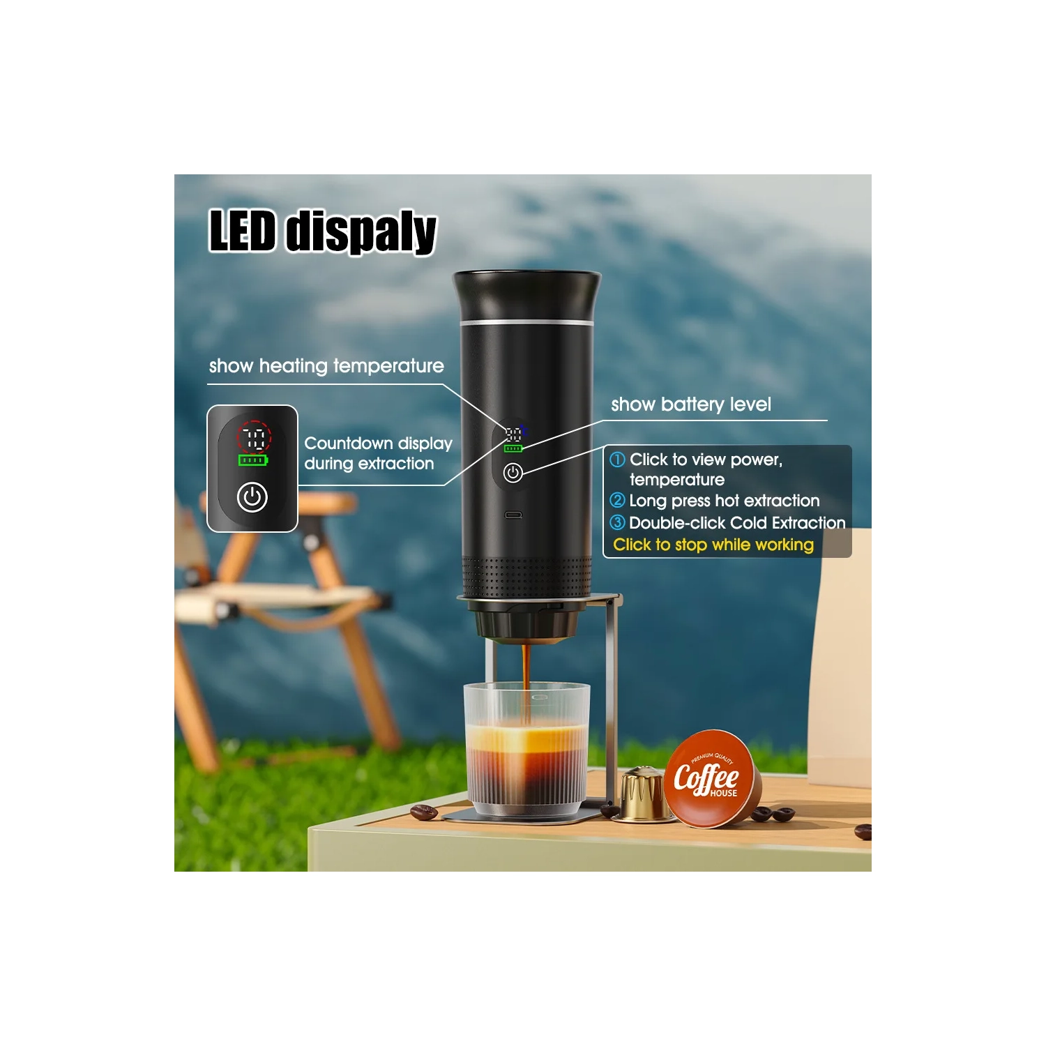 Smart Digital Display American-Style Italian Capsule Coffee Machine, Outdoor Portable Espresso Machine with LCD Display, Heating, Temperature