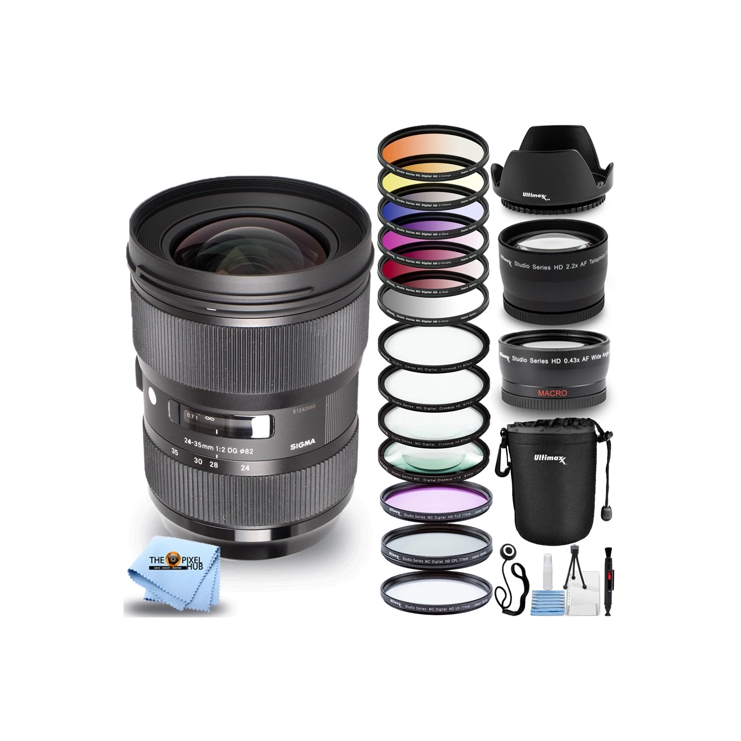 Sigma 24-35mm f/2 DG HSM Art Lens for Nikon F + Filter Kits + Lens Pouch Bundle