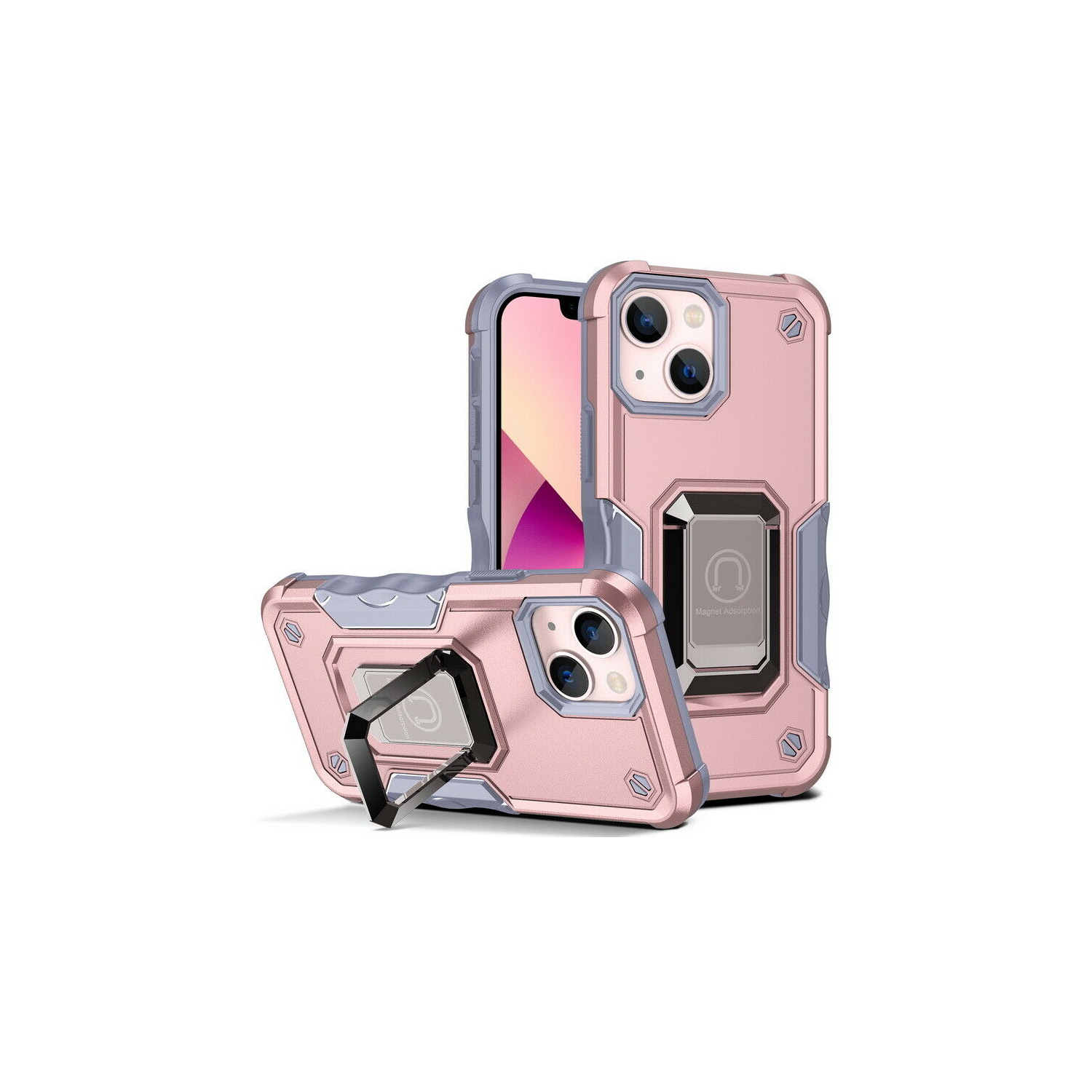 Tasnim For iPhone 14 Plus Case, Silky Soft Touch Heavy Duty Protective Cover with Ring Holder Kickstand Magnetic Phone Case - Pink