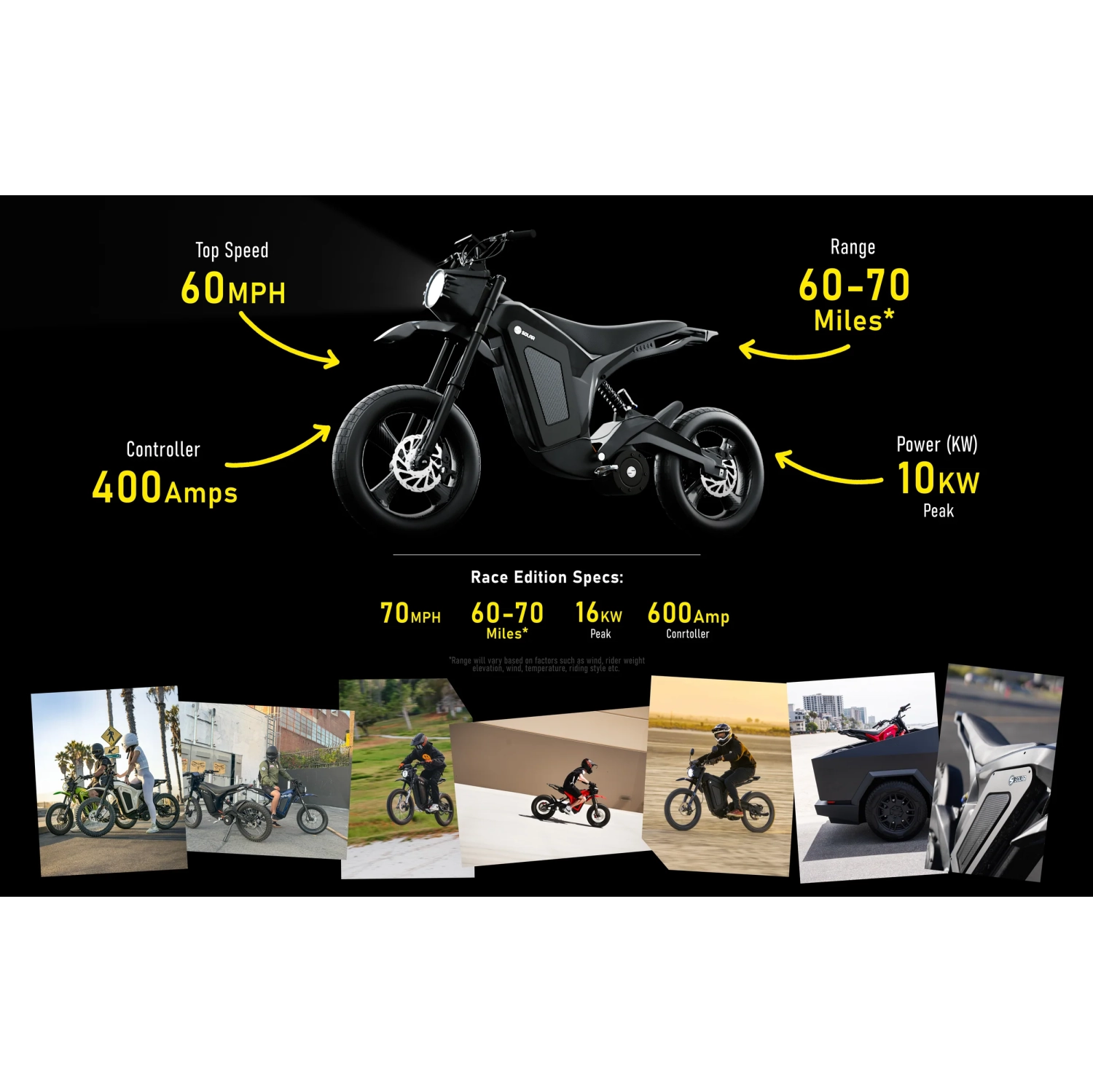 Solar E-Clipse 2.0 Electric Dirt Bike, 95 Kph Top Speed, 10000w Peak Motor, 120 KM Range