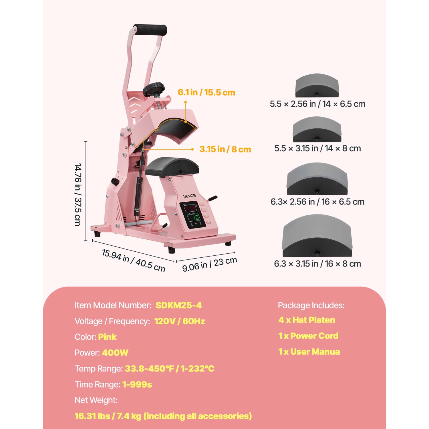 VEVOR Hat Heat Press Machine, with 4pcs Interchangeable Platens, Precise Temperature and Time Control, Hat Press for HTV Iron On and Sublimation