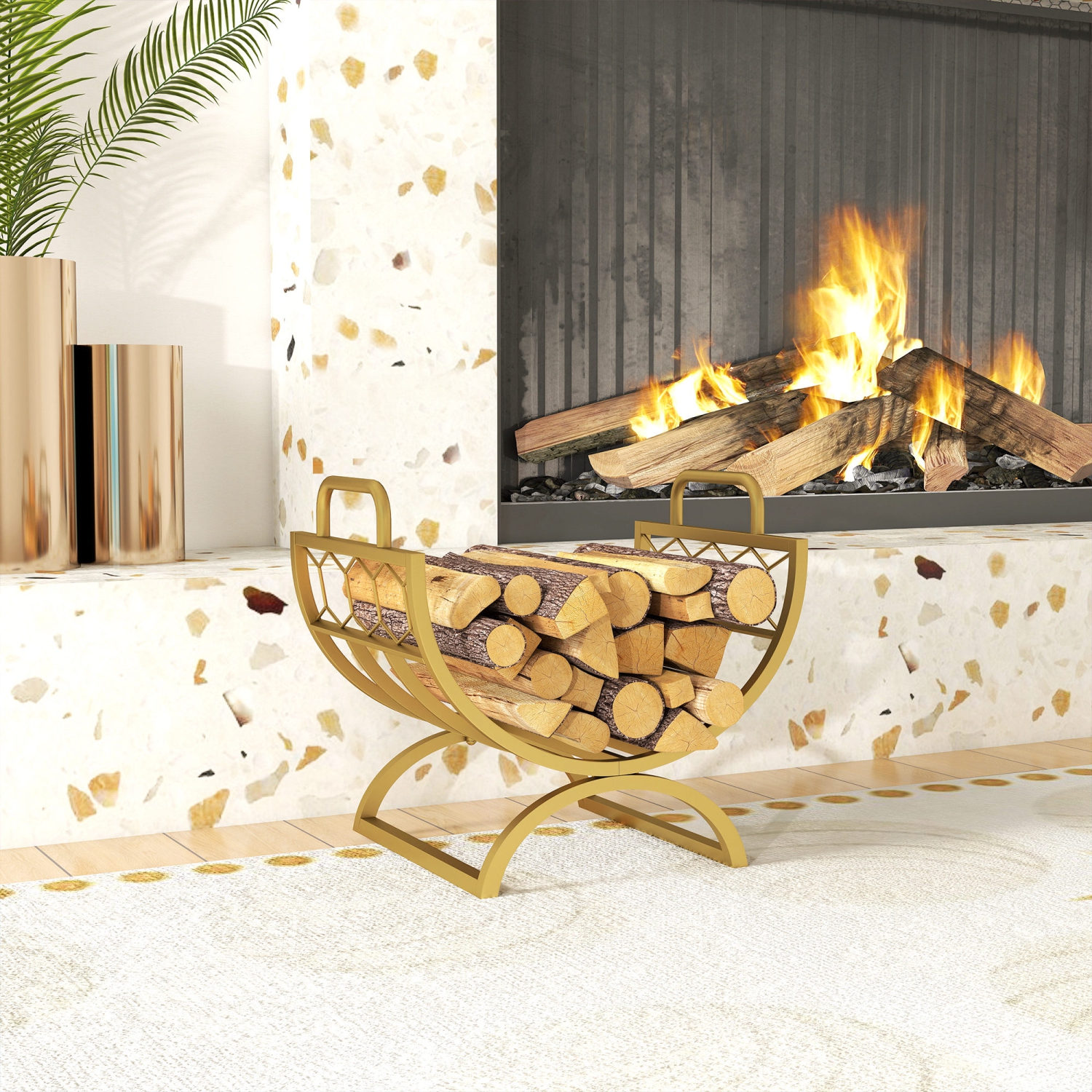 Outsunny – Porte-bûches robuste pour l'extérieur, 18 x 14 x 16, poignées pour foyer de rangement intérieur, range-tout extérieur au bois, doré