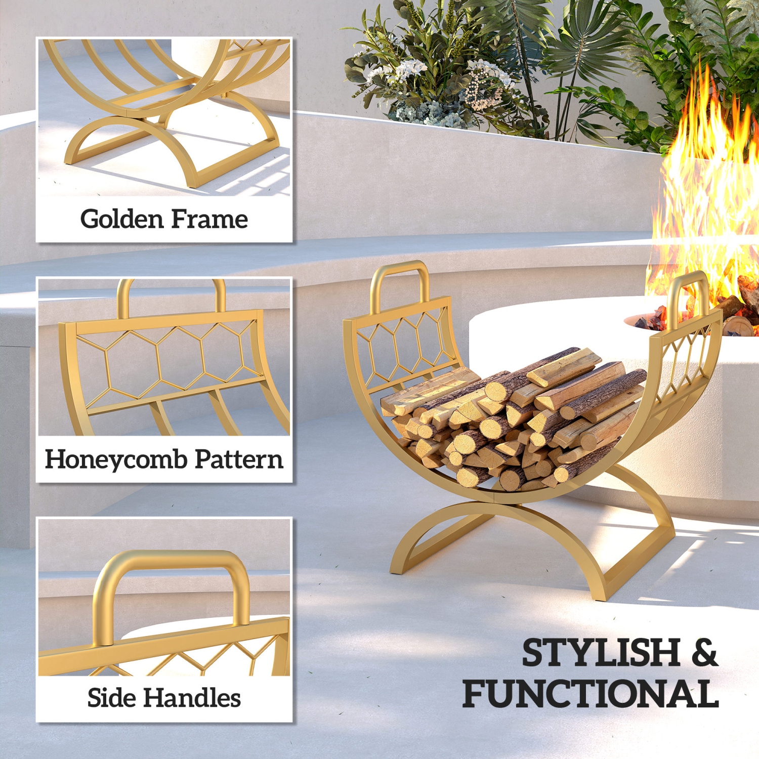 Outsunny – Porte-bûches robuste pour l'extérieur, 18 x 14 x 16, poignées pour foyer de rangement intérieur, range-tout extérieur au bois, doré