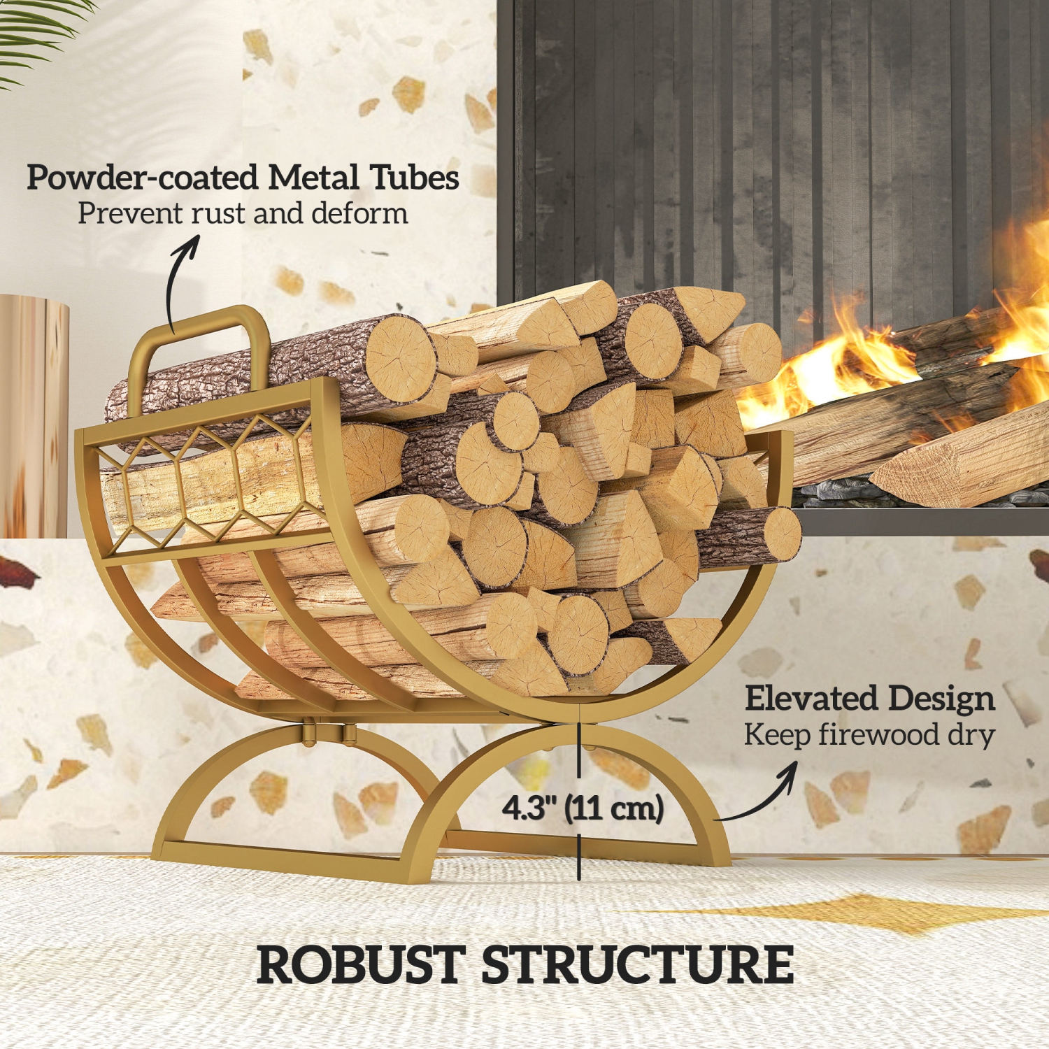 Outsunny – Porte-bûches robuste pour l'extérieur, 18 x 14 x 16, poignées pour foyer de rangement intérieur, range-tout extérieur au bois, doré