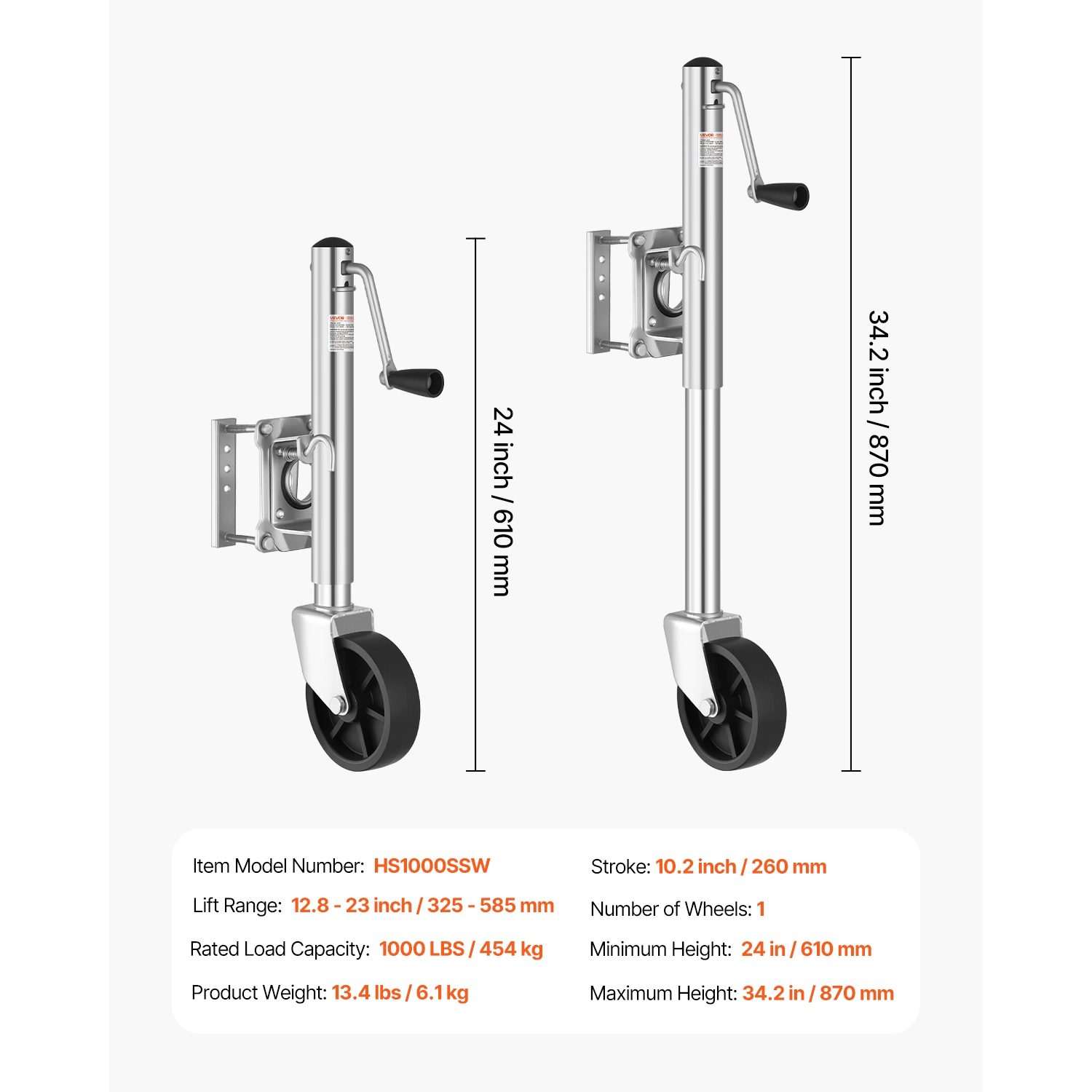 Cric de remorque VEVOR 1000&nbsp;lb avec roue, cric de remorque pivotant robuste avec roue simple en polypropylène et poignée ergonomique, levage de