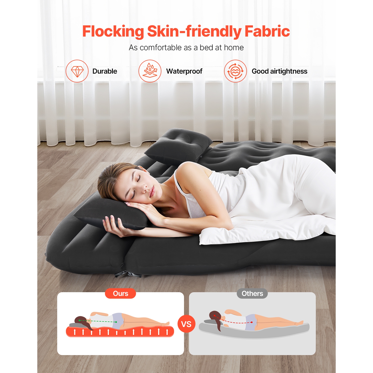 Matelas gonflable pour l'auto VEVOR 2 Pillows, matelas de camping gonflable, lits de voyage épais et floquant, matelas de couchage portatif durable