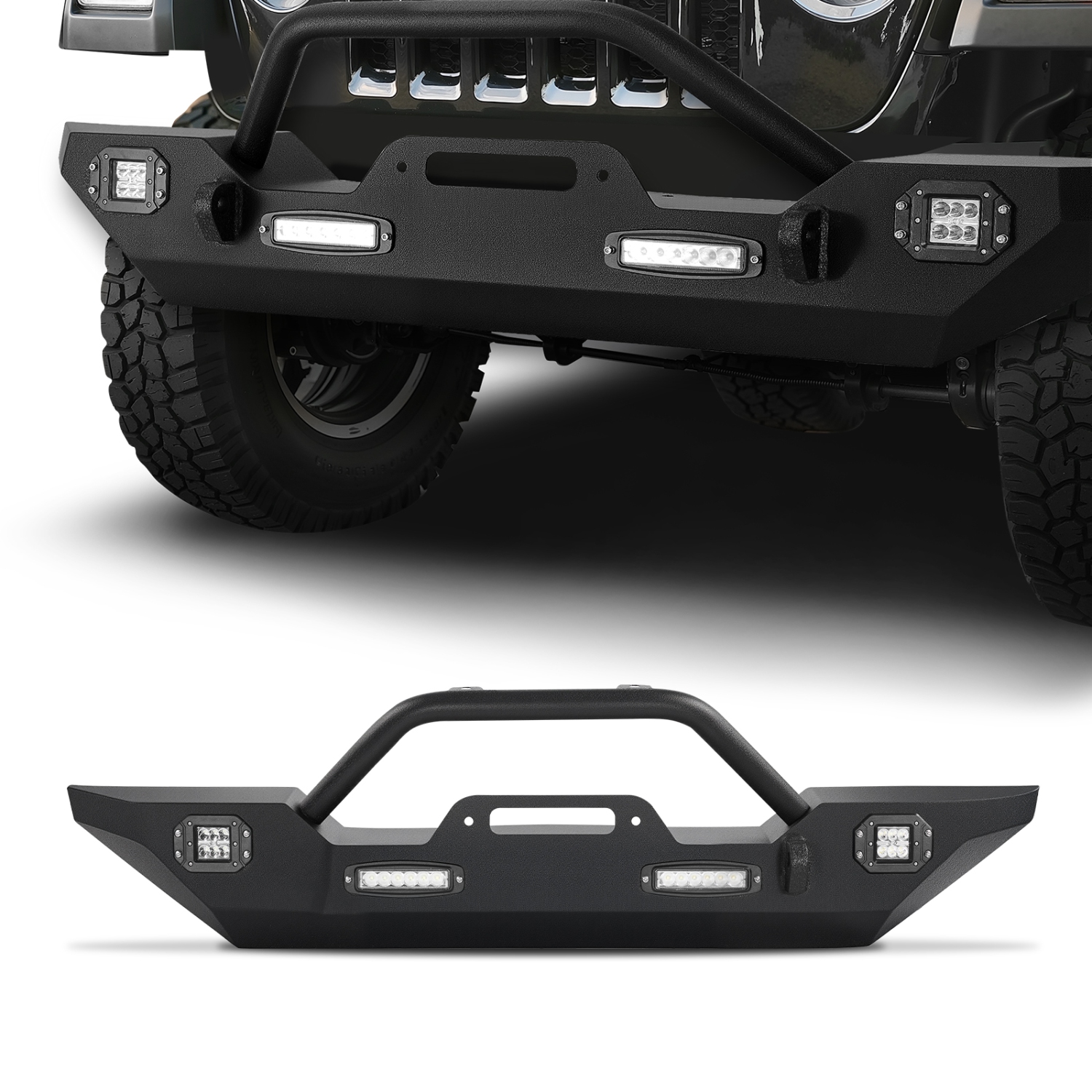 VEVOR Front Bumper Compatible with 2018-2024 Jeep Wrangler JL JLU & Gladiator JT - with 2PCS LED Light Bars, 2PCS LED Work Lights, Winch Plate &