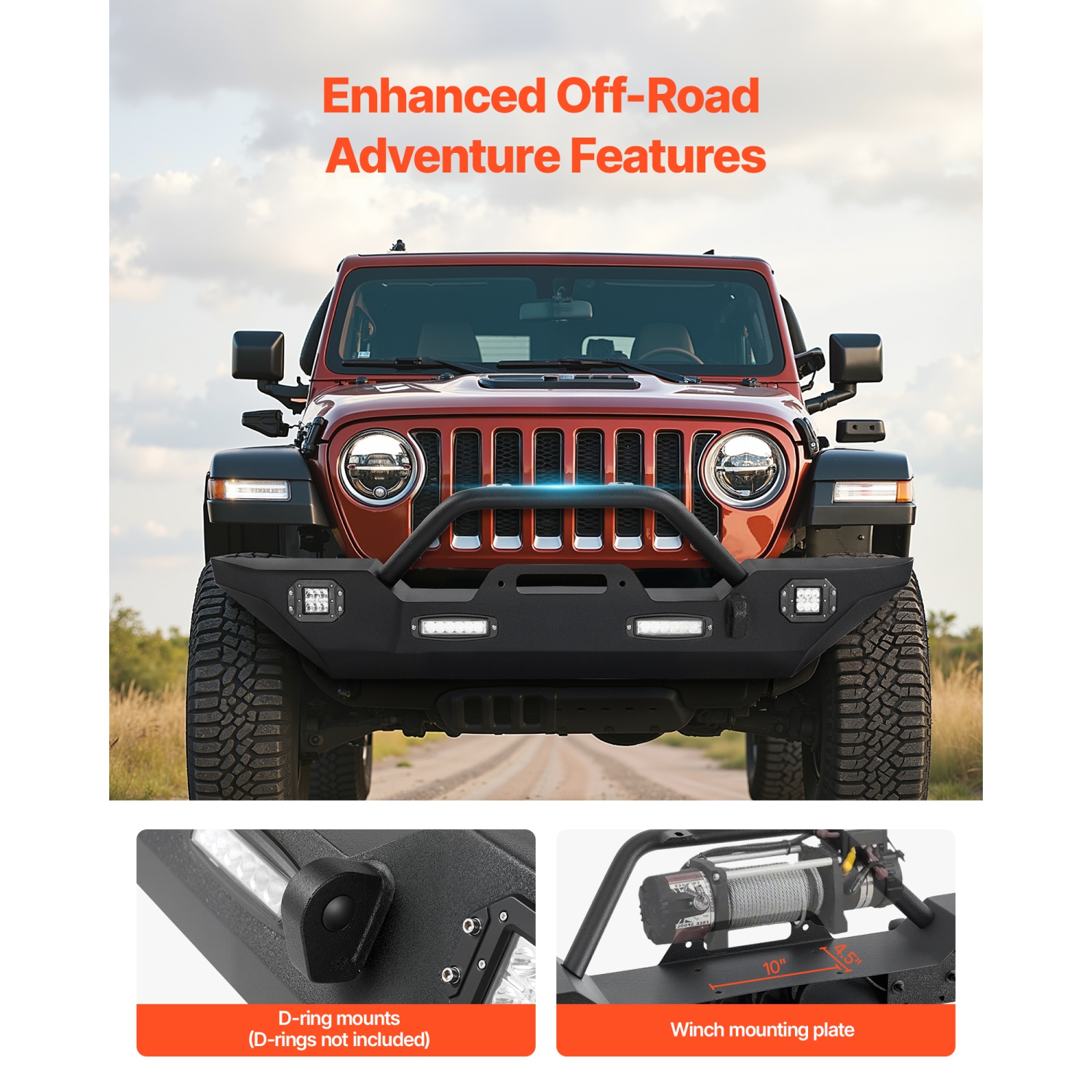 VEVOR Front Bumper Compatible with 2018-2024 Jeep Wrangler JL JLU & Gladiator JT - with 2PCS LED Light Bars, 2PCS LED Work Lights, Winch Plate &